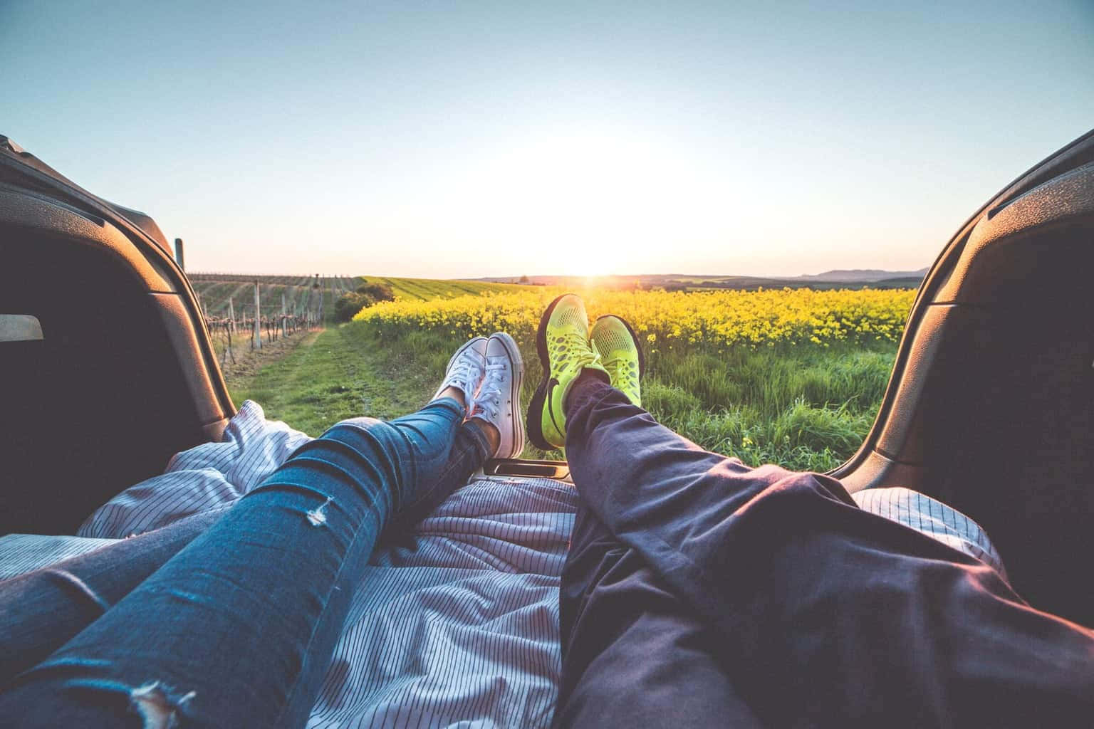Roadtrip Sunset Relaxation, golden sunset, vibrant yellow canola field, HD Desktop Wallpaper