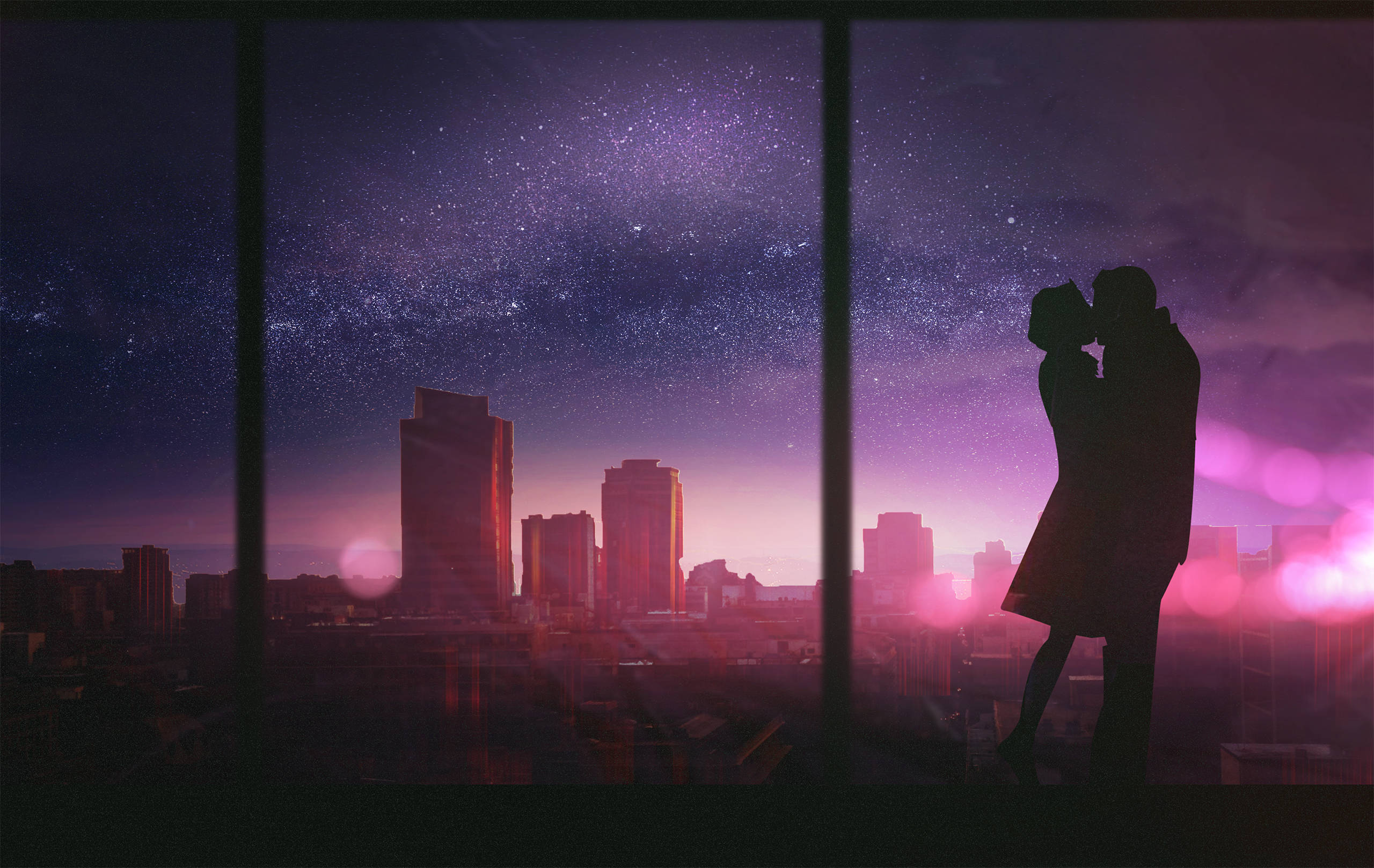 City Silhouette Kissing HD, rooftop, starry purple sky, 2K Desktop Wallpaper