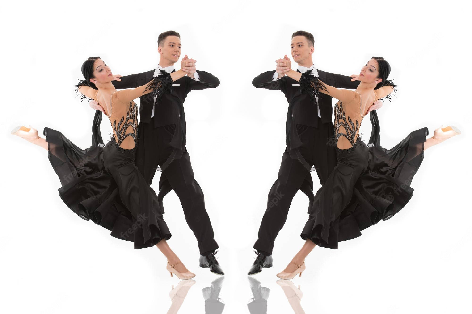 ballroom dancing couple, black costumes, white reflective floor, Full HD Desktop Wallpaper