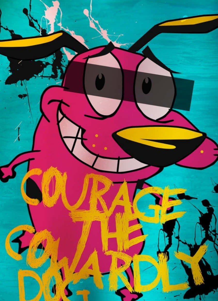 Courage the cowardly dog, teal splatter background, yellow text, SD Phone Wallpaper