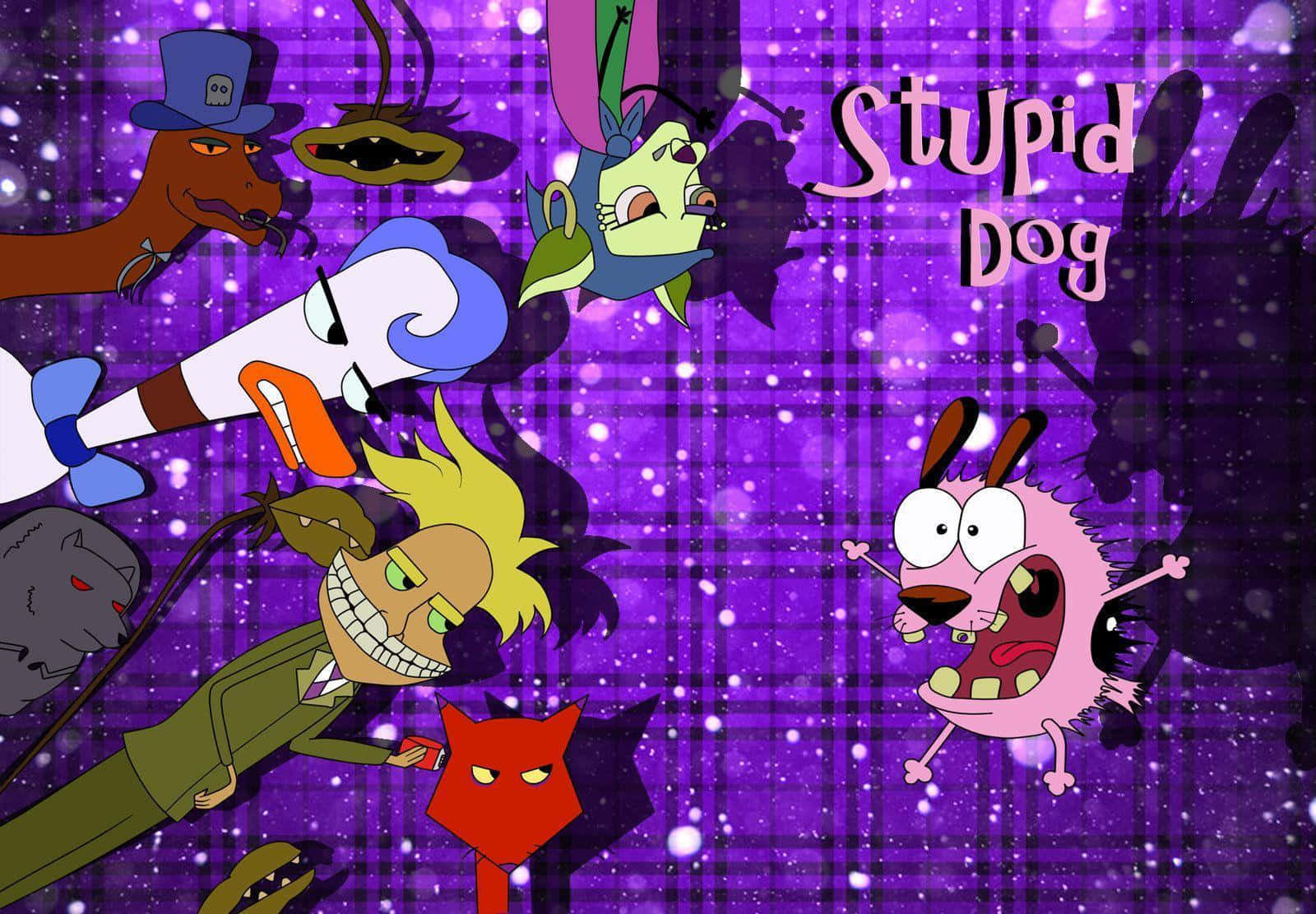 Courage the cowardly dog, purple plaid background, glowing specks, HD Desktop Wallpaper