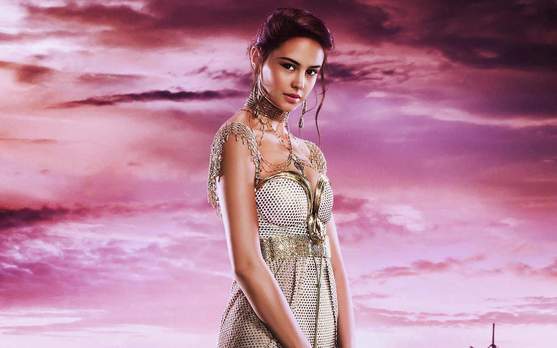 Courtney Eaton, shimmering gold dress, pink and purple sunset sky, Full HD Desktop Wallpaper