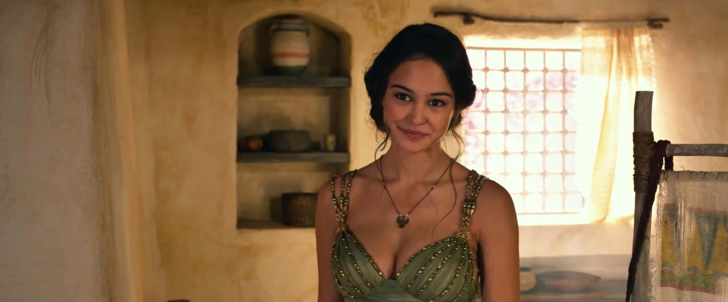 Courtney Eaton, green beaded dress, sunlit rustic room, Full HD Desktop Wallpaper