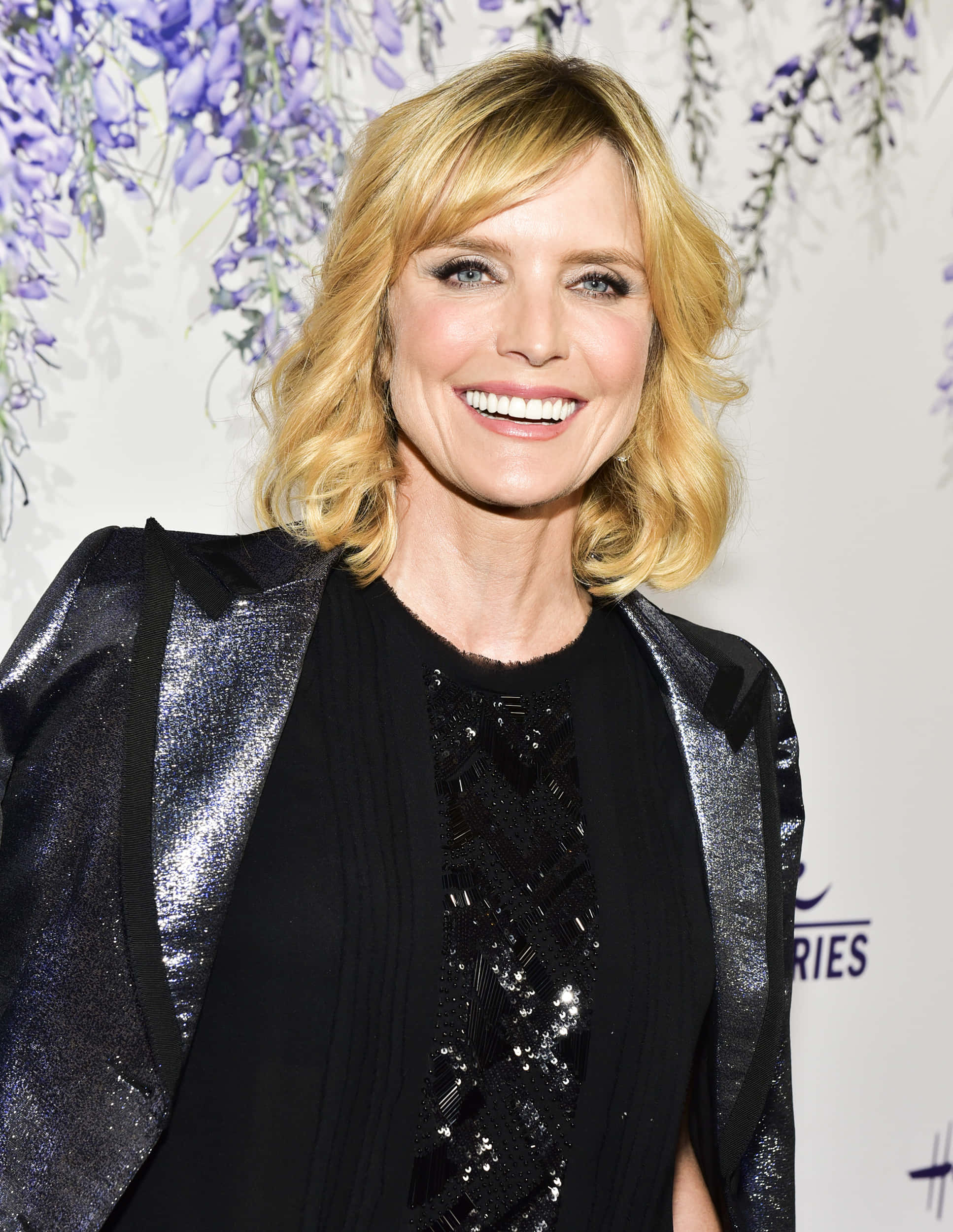 Courtney Thorne-Smith, black sequined outfit, purple wisteria flowers, Full HD Phone Wallpaper