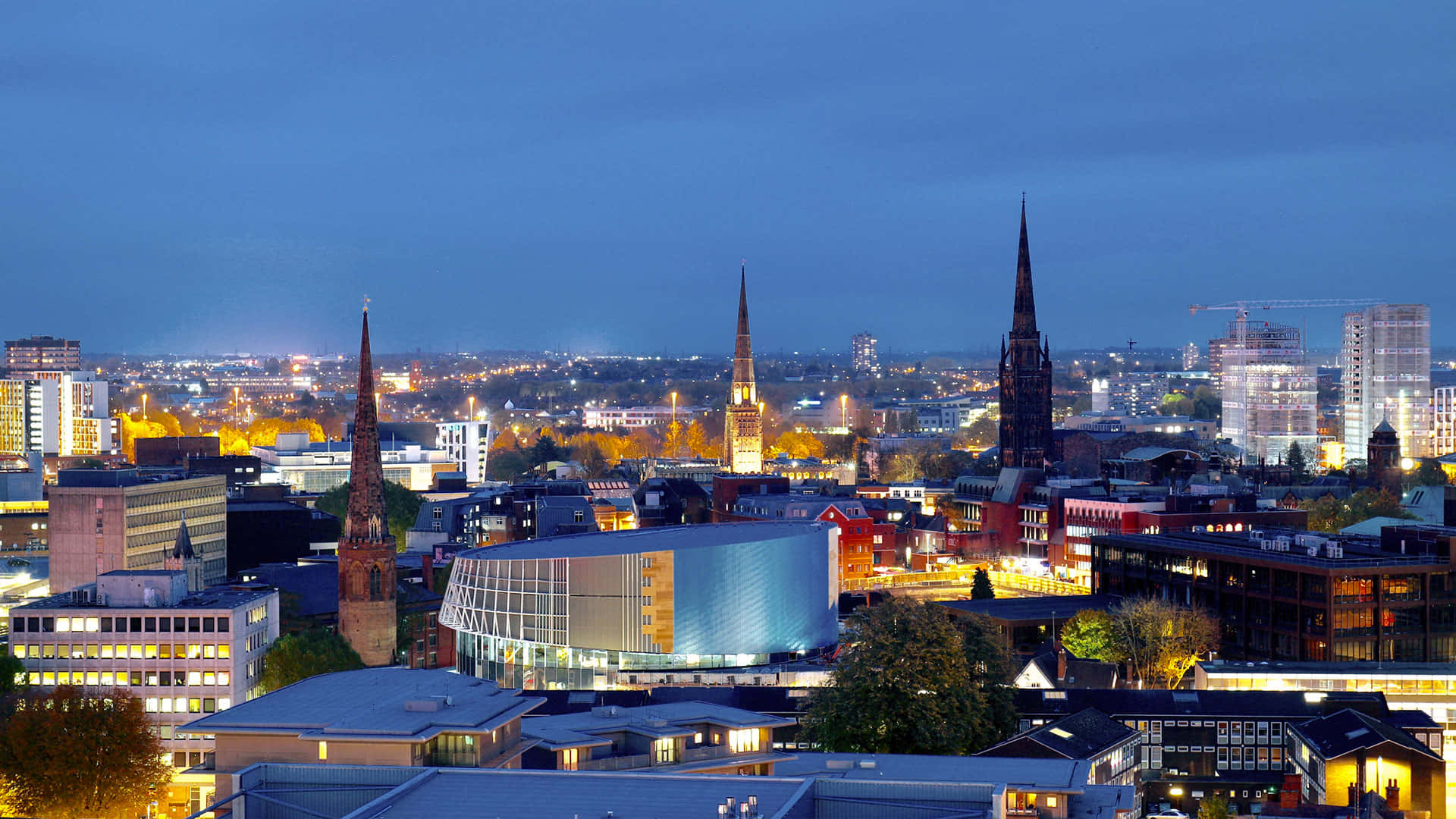 Coventry cityscape, illuminated spires, modern buildings, Full HD Desktop Wallpaper