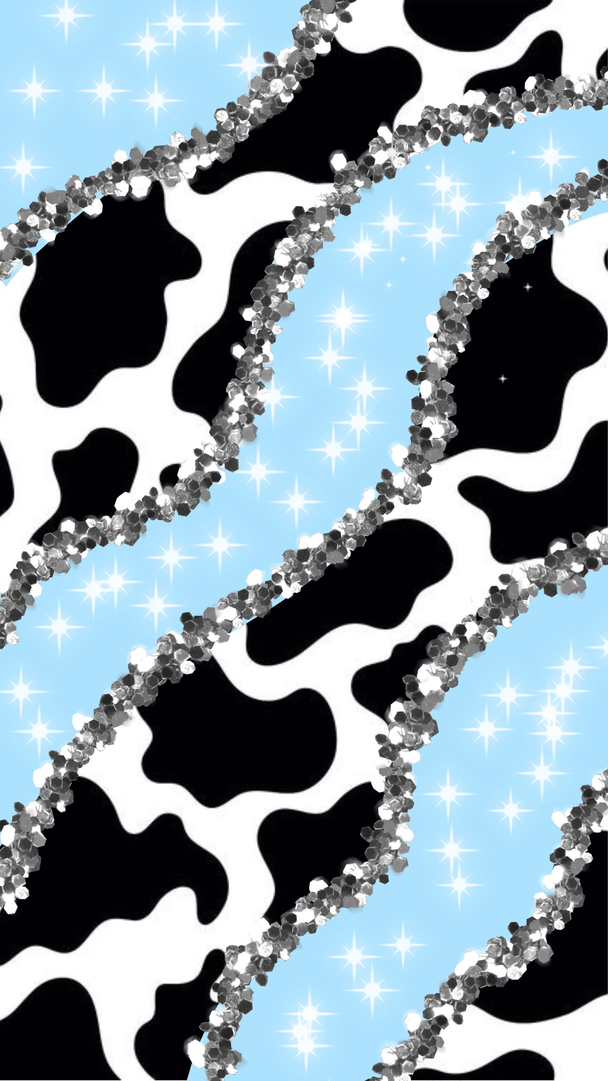 Cow iPhone, black and white cow print pattern, glittery silver swirls, 2K Phone Wallpaper