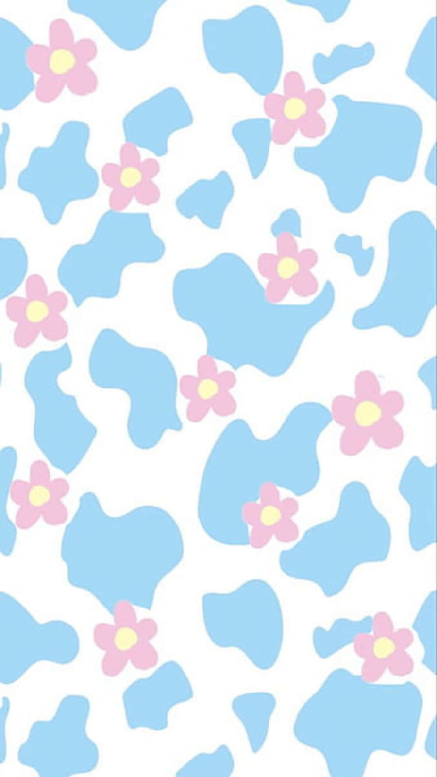 blue cow print, pink flowers, yellow centers, HD Phone Wallpaper
