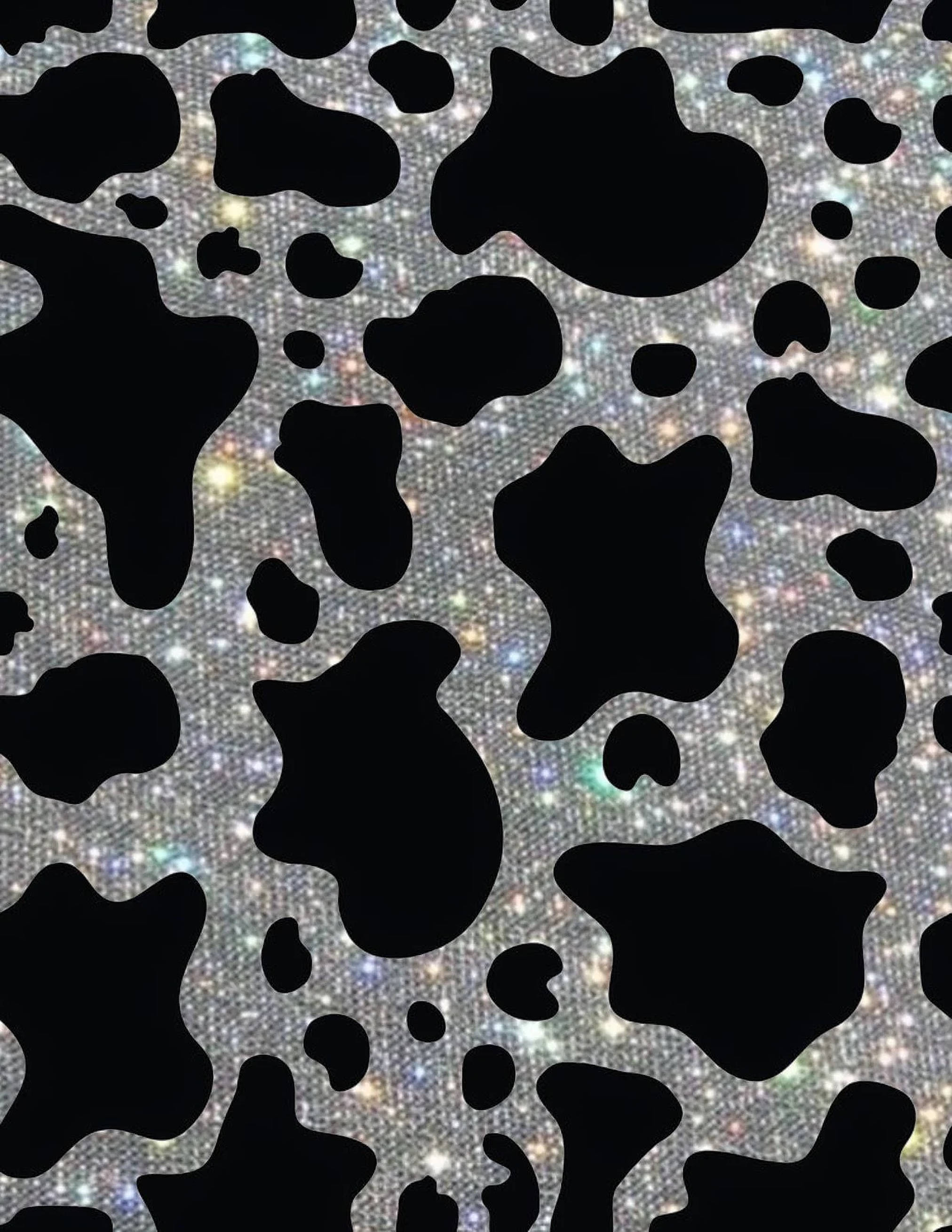 black glitter cow print, sparkling silver glitter background, iridescent flecks, 2K Phone Wallpaper