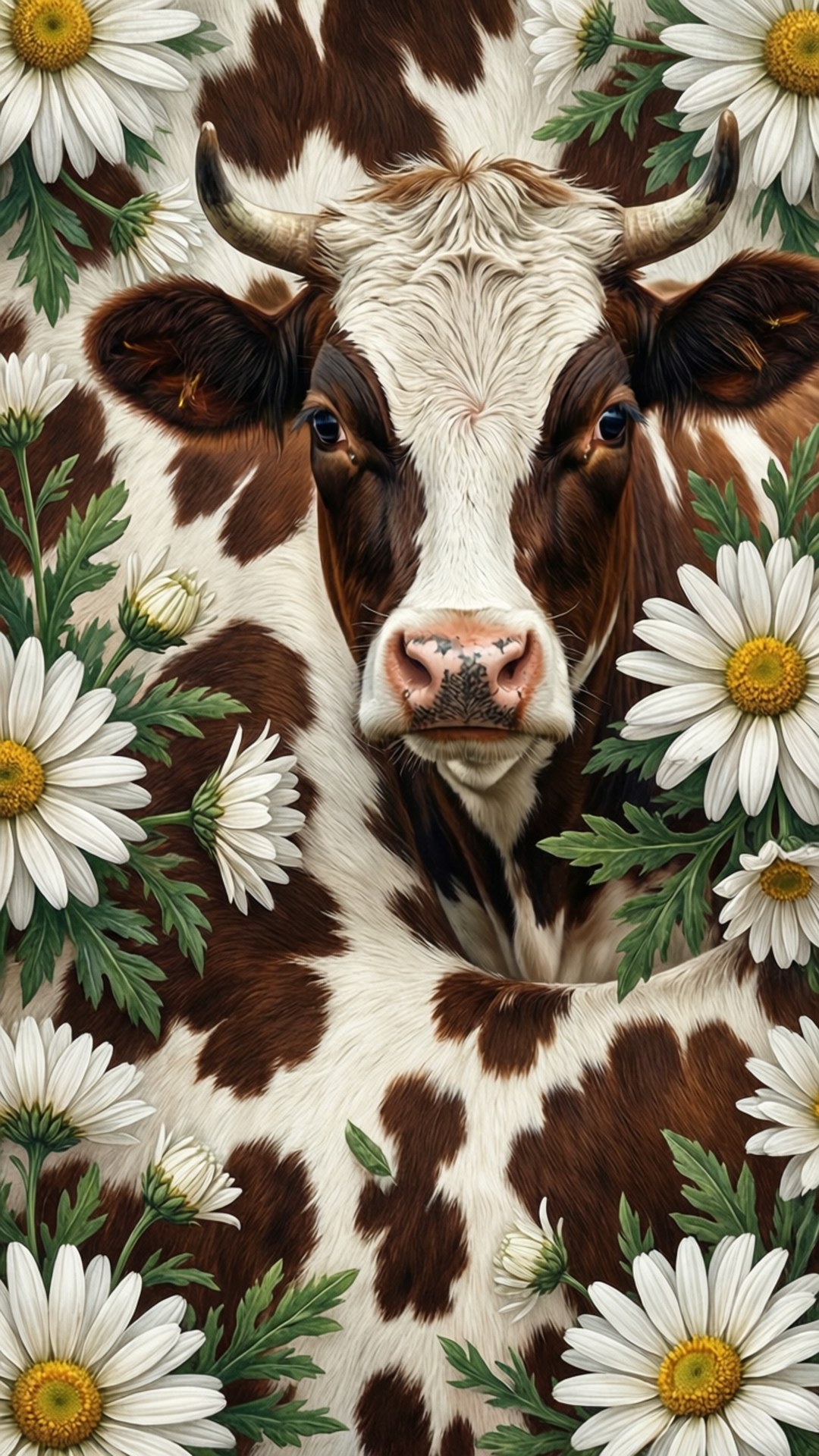 cow print, daisies, brown and white spotted cow, Full HD Phone Wallpaper