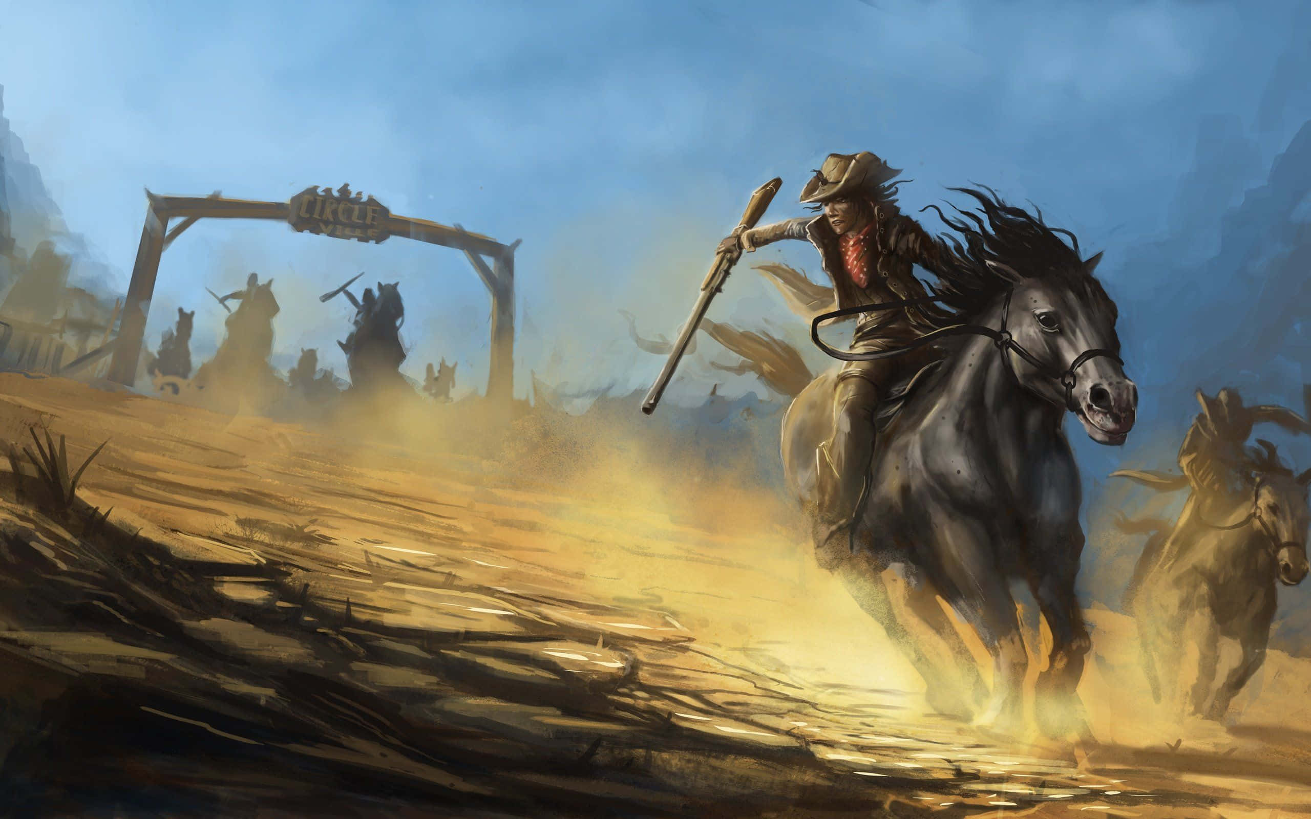 western cowboy, dusty western town, sunset, 2K Desktop Wallpaper
