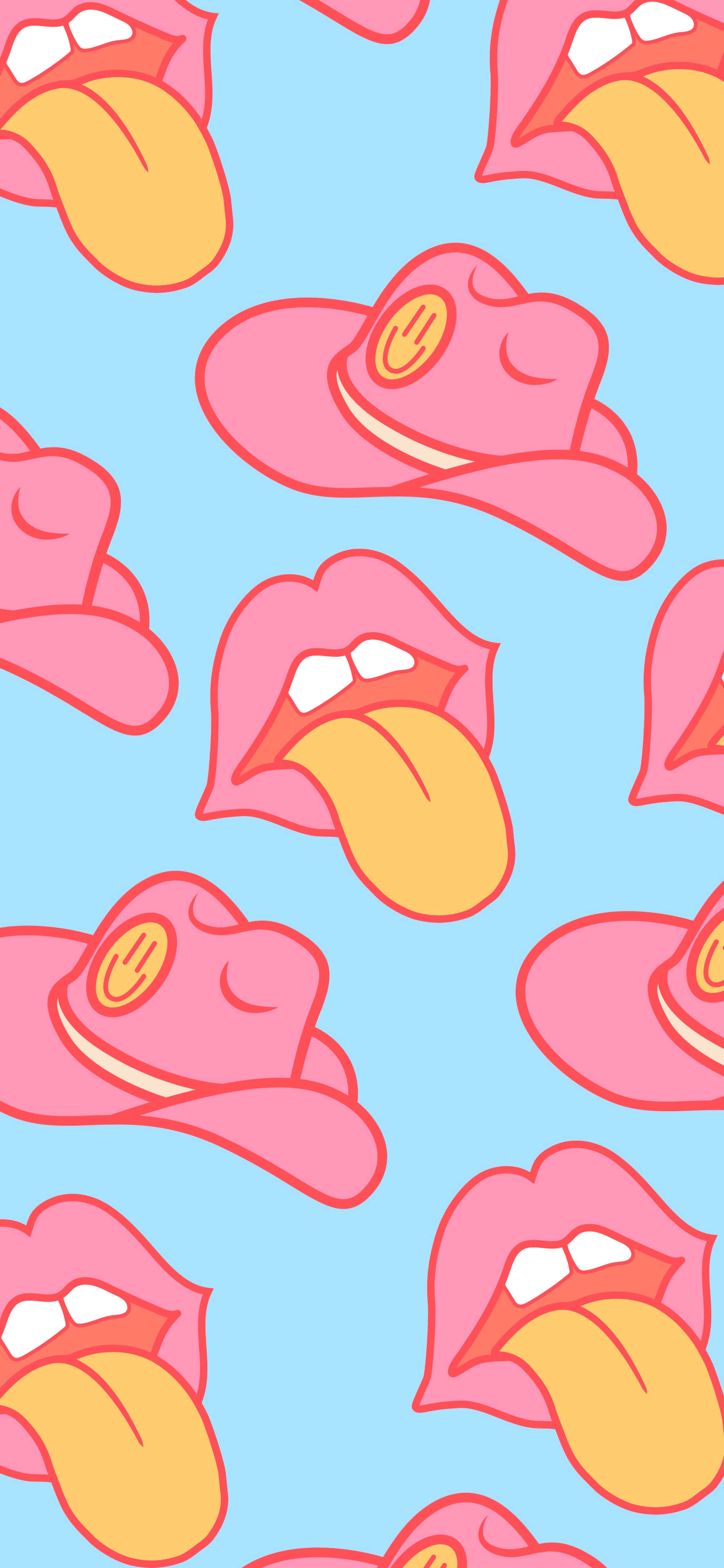 cowboy hatsand lips pattern, pink cartoon mouths, yellow tongues, 4K Phone Wallpaper