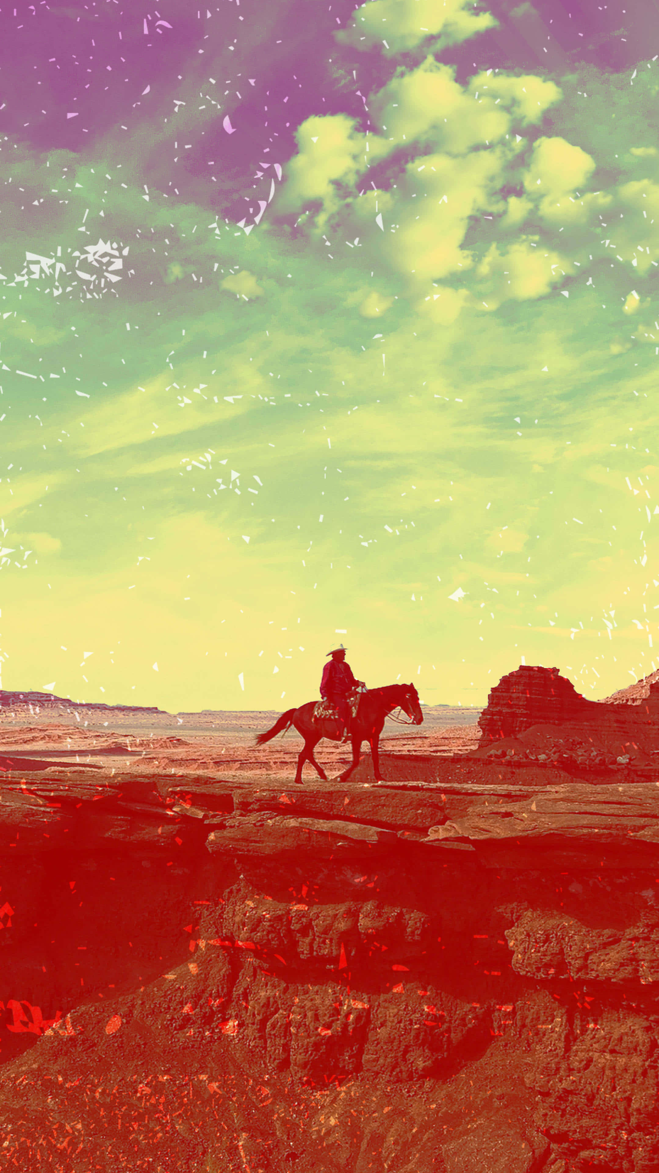 desert cowboy silhouette, rocky desert, surreal sky, 4K Phone Wallpaper
