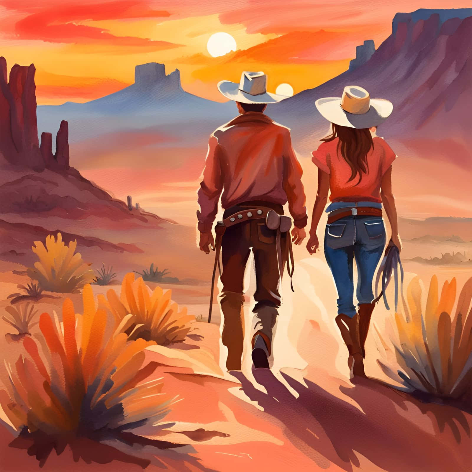 sunset, cowboy, cowgirl, HD Desktop Wallpaper
