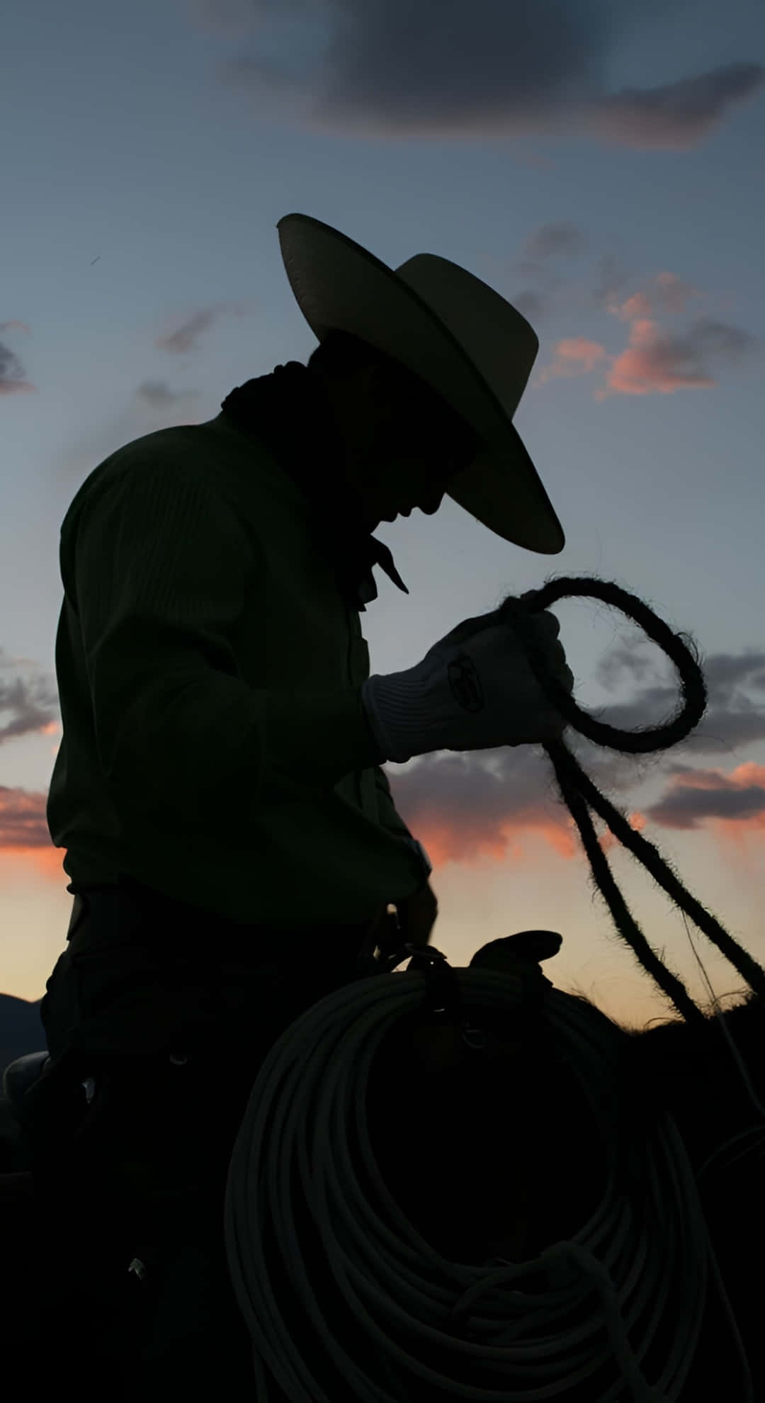 cowboy silhouette, sunset, twilight sky, Full HD Phone Wallpaper