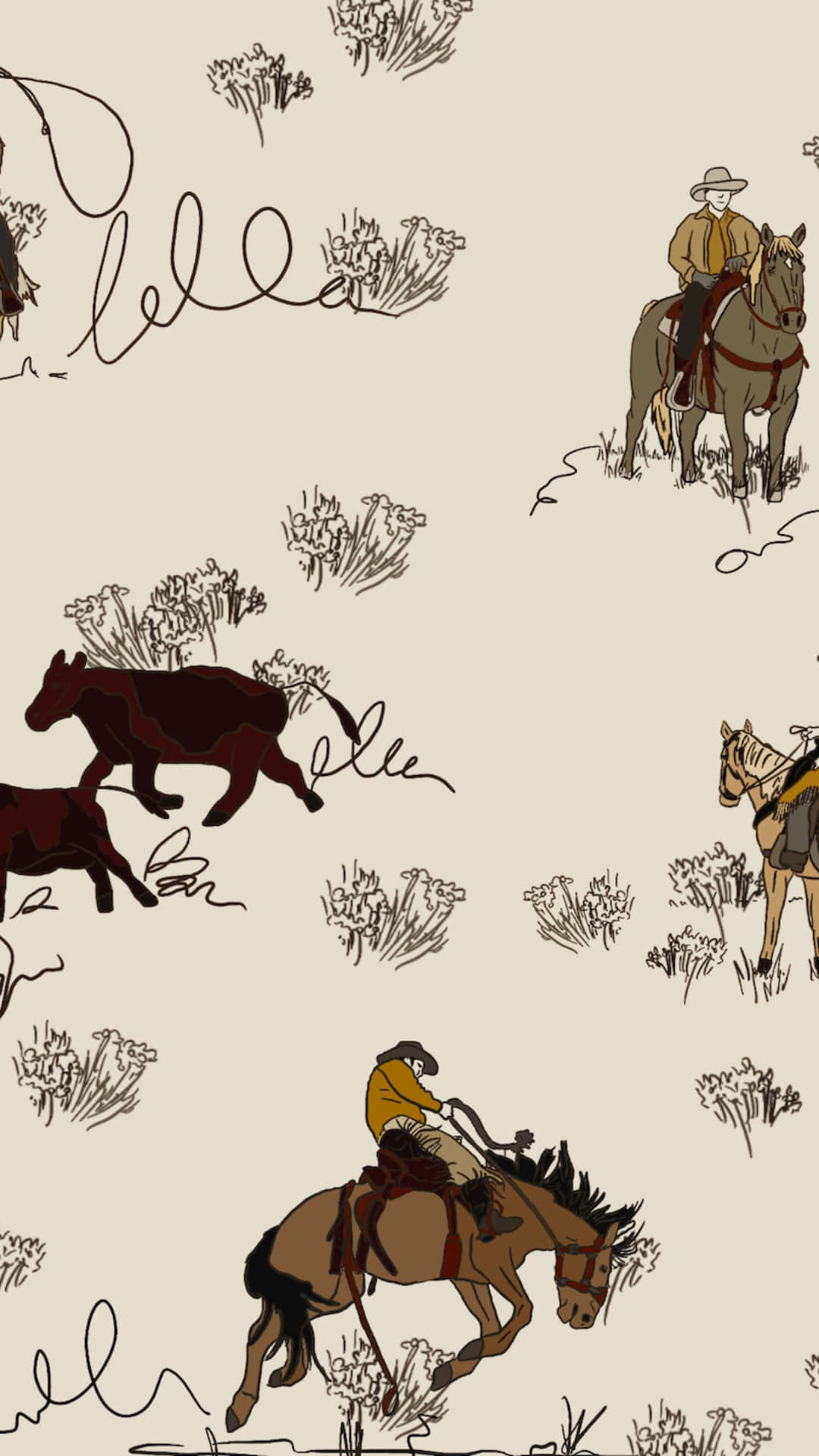 vintage cowboy pattern, beige wallpaper, brown cowboys on horses, Full HD Phone Wallpaper