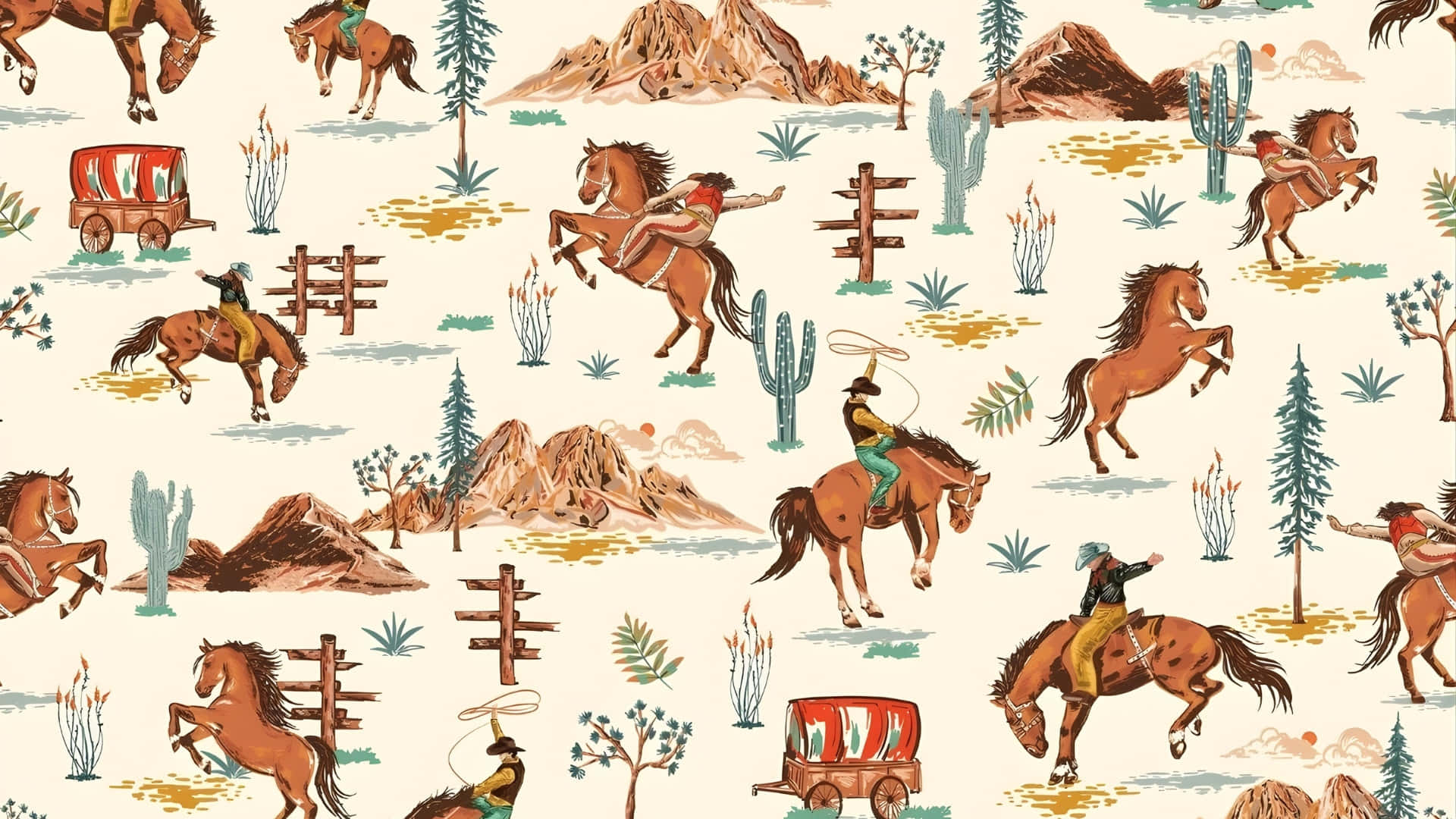 vintage cowboy pattern, western wallpaper pattern, cowboys riding horses, Full HD Desktop Wallpaper