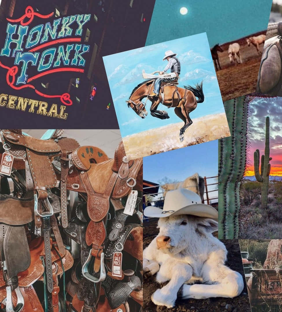 neon honky tonk sign, jumping horse, calf in a cowboy hat, SD Phone Wallpaper