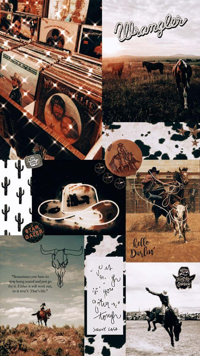 Cowboy Aesthetic Collage, cow print, cactus patterns, SD Phone Wallpaper