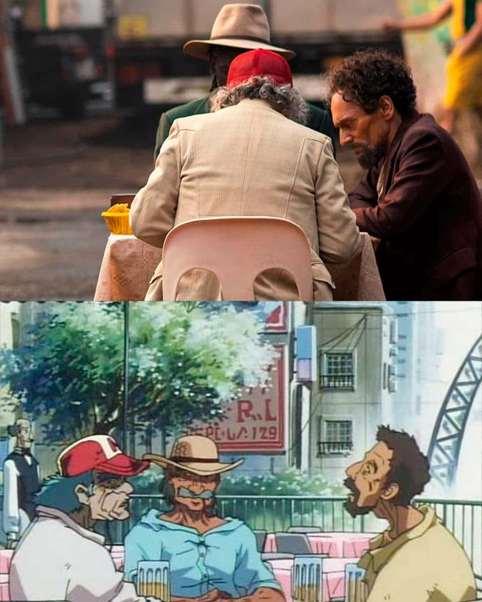 Cowboy Bebop, real vs anime comparison, three men in suits, SD Phone Wallpaper