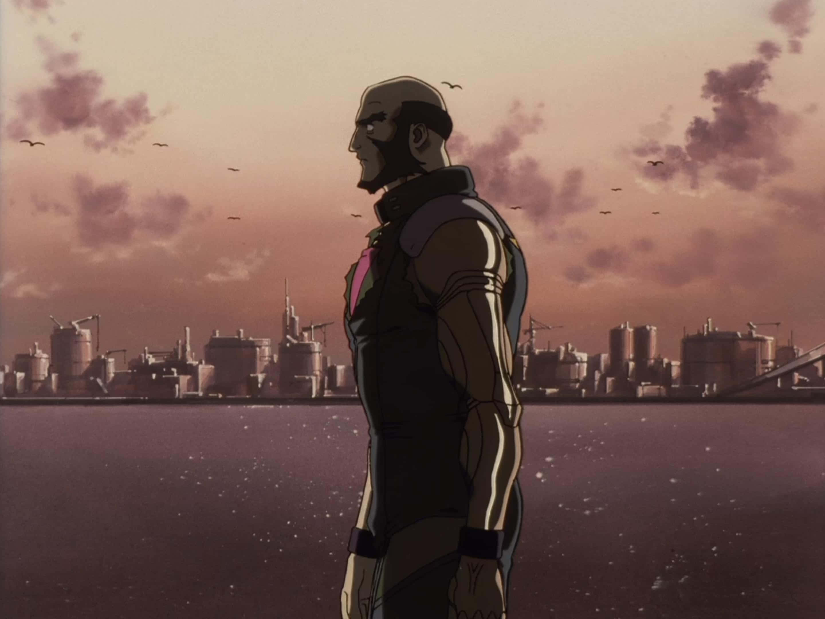 Jet Black, Cowboy Bebop, twilight industrial cityscape, 2K Desktop Wallpaper