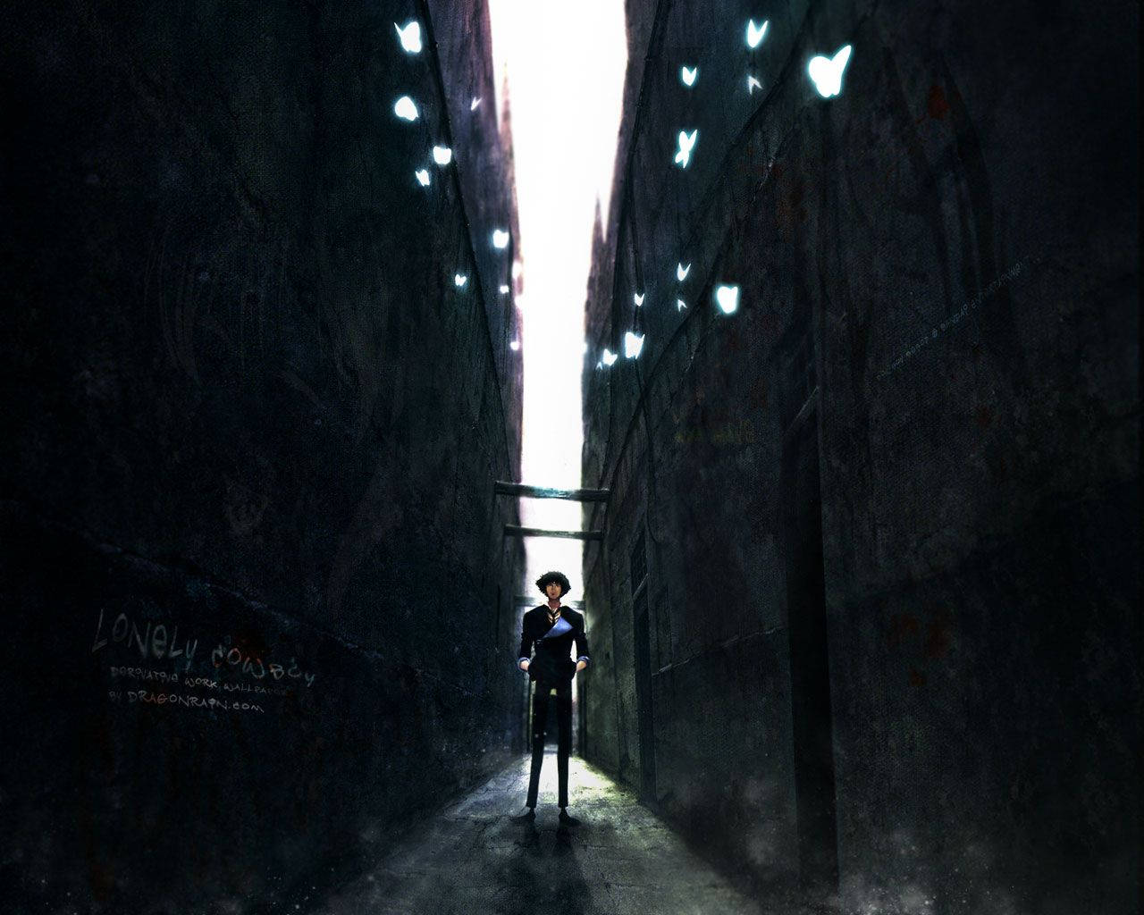 Cowboy Bebop, dark alleyway, glowing butterflies, HD Desktop Wallpaper