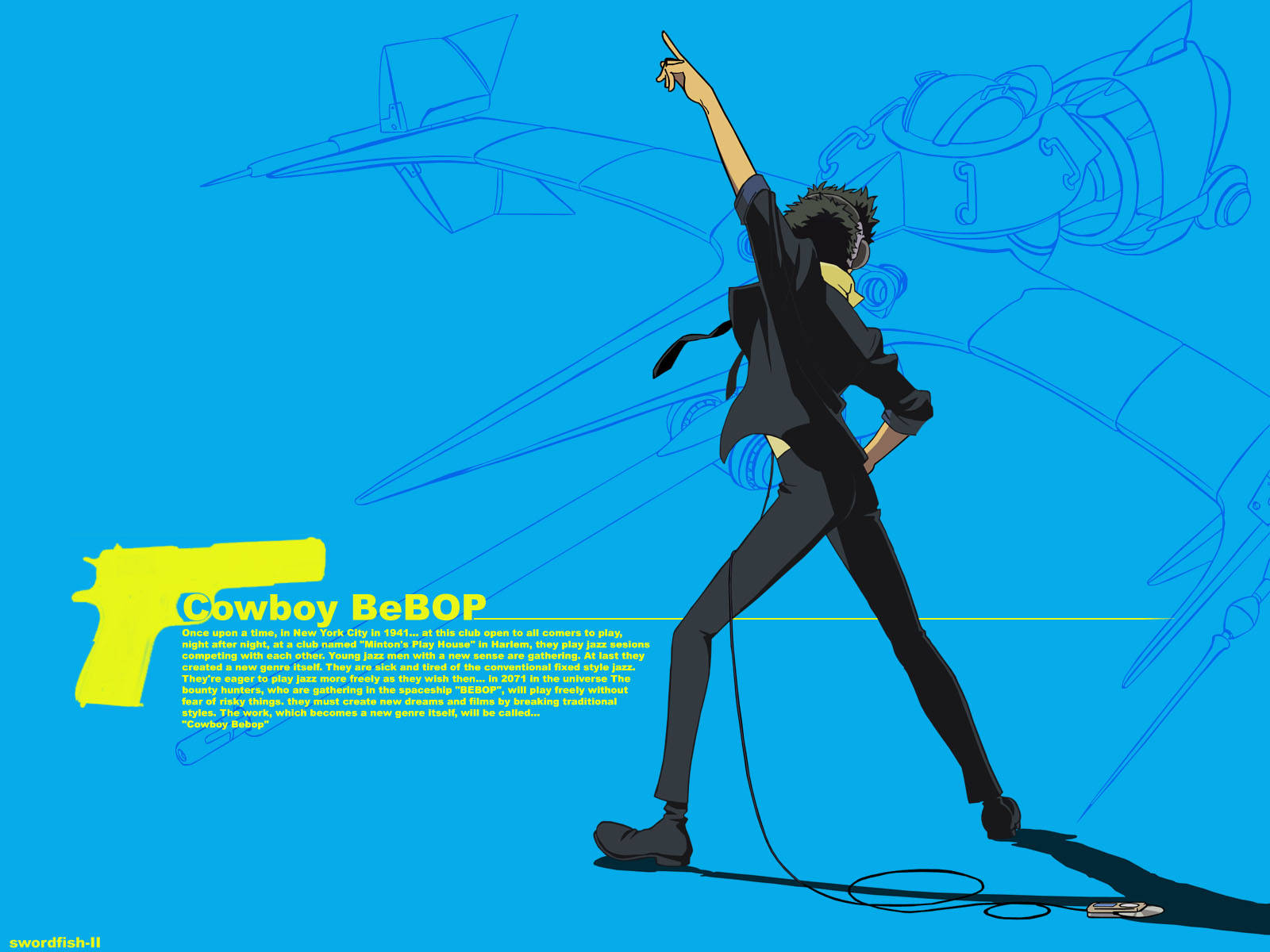 Cowboy Bebop, black suit, bright blue background, HD Desktop Wallpaper