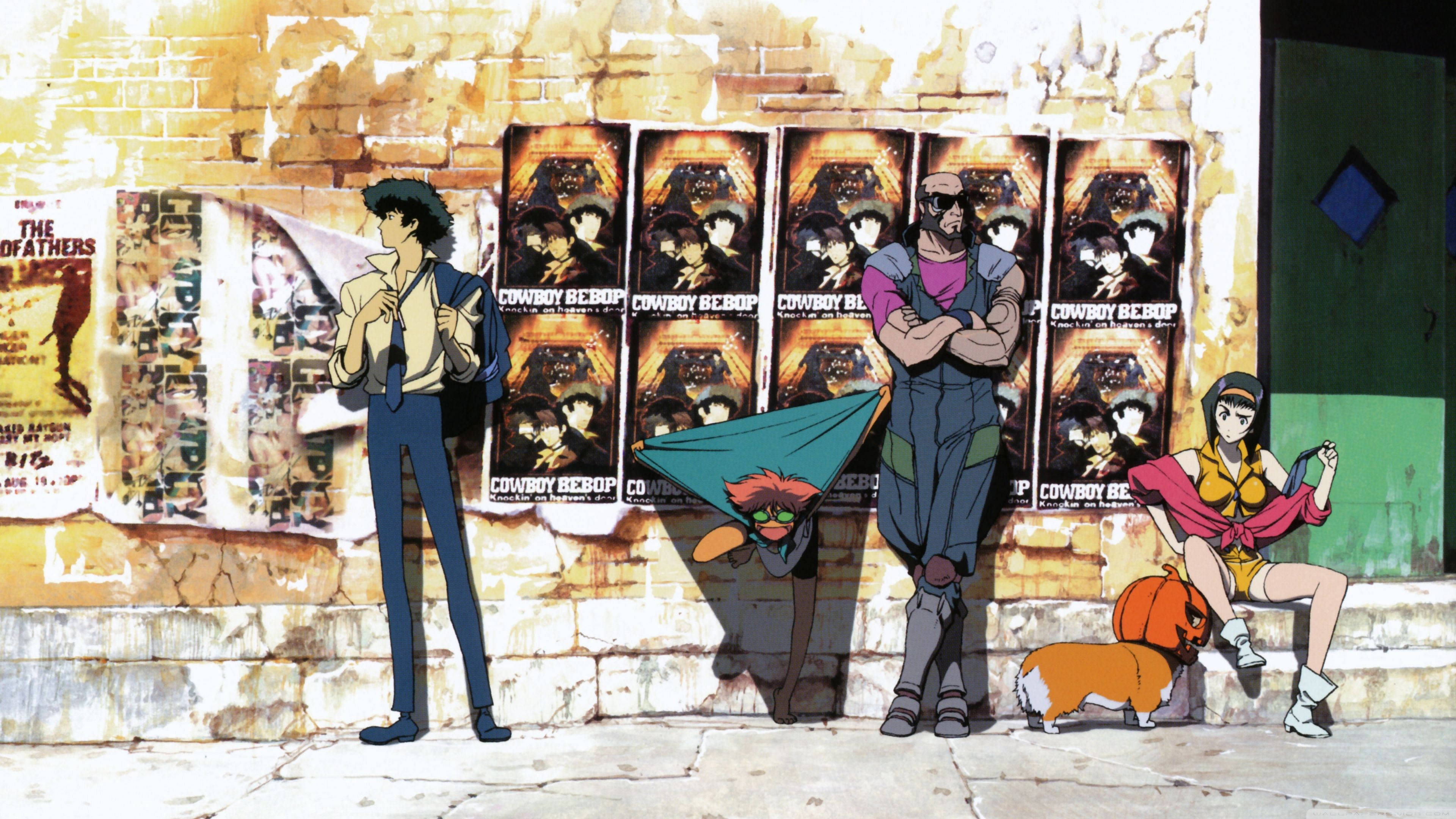 Cowboy Bebop, crew, weathered brick wall, 4K Desktop Wallpaper