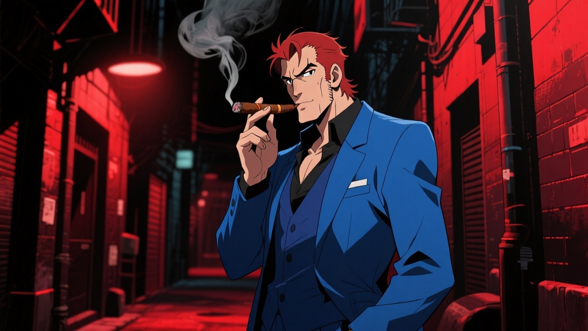red-haired anime man, blue suit, cigar, Full HD Desktop Wallpaper