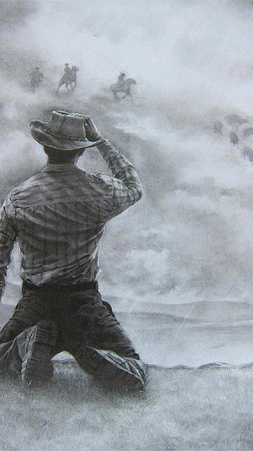 Cowboy iPhone, lone cowboy, stormy field, Full HD Phone Wallpaper