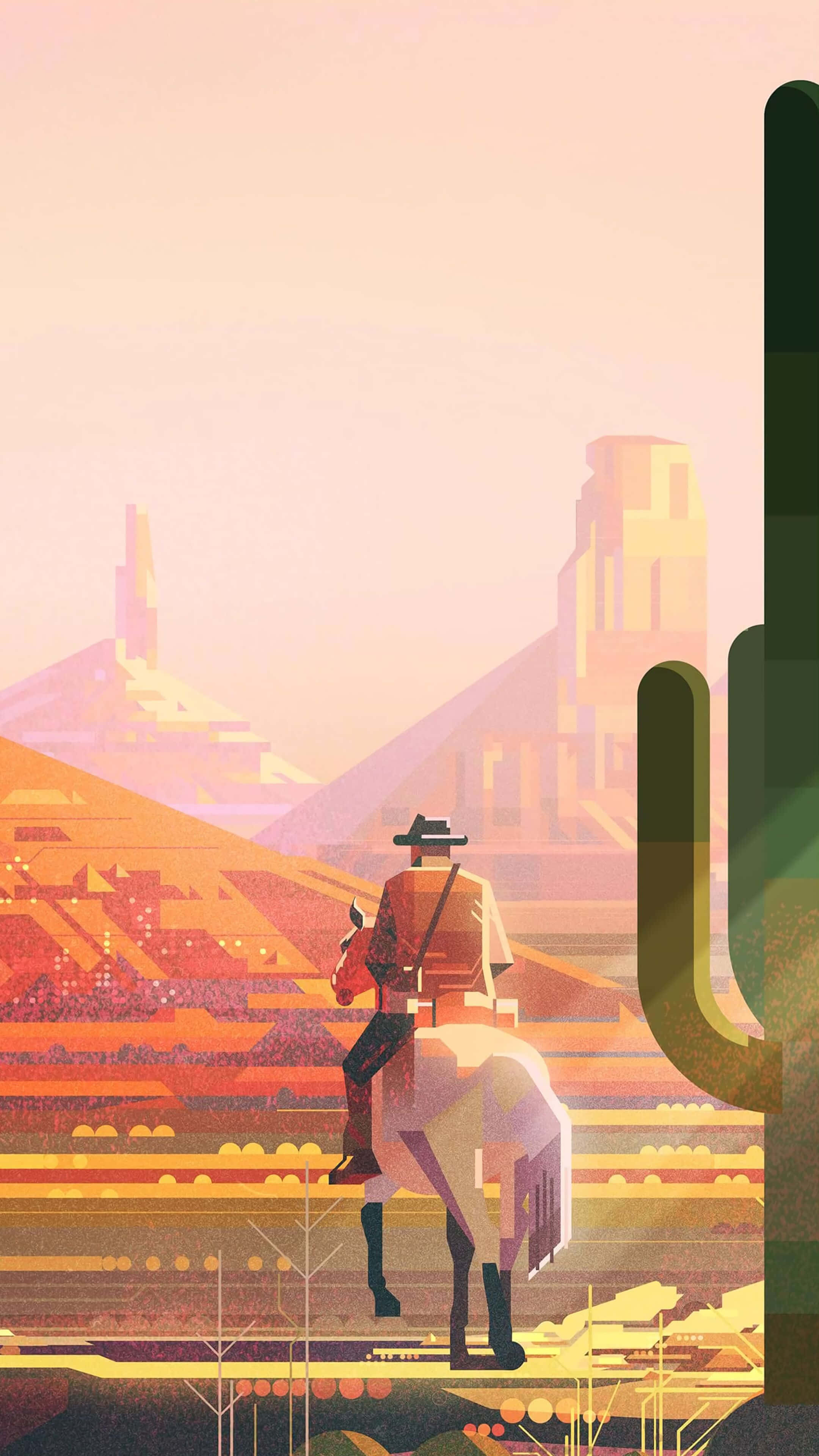 cowboy, horse, cactus, 4K Phone Wallpaper