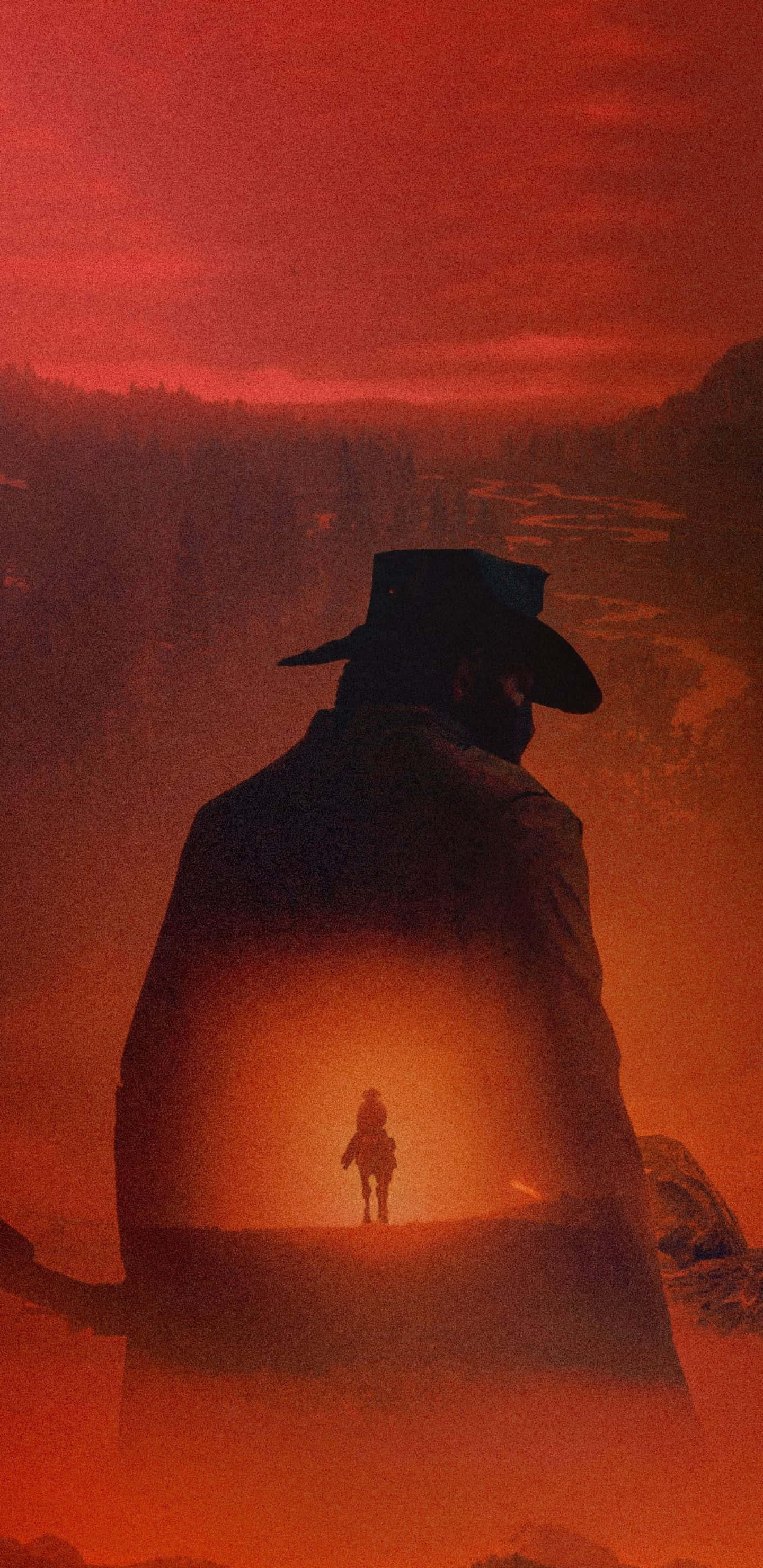 Cowboy iPhone, fiery red sunset, lone cowboy silhouette, 2K Phone Wallpaper
