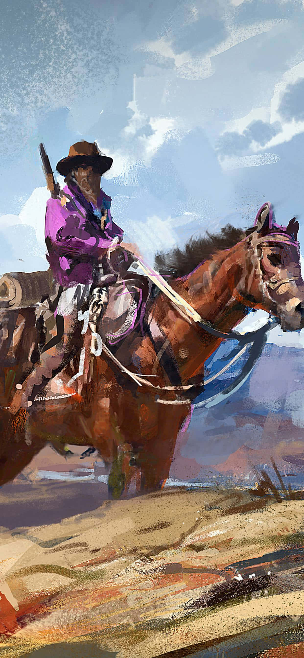 cowboy, purple shirt, hat, 2K Phone Wallpaper
