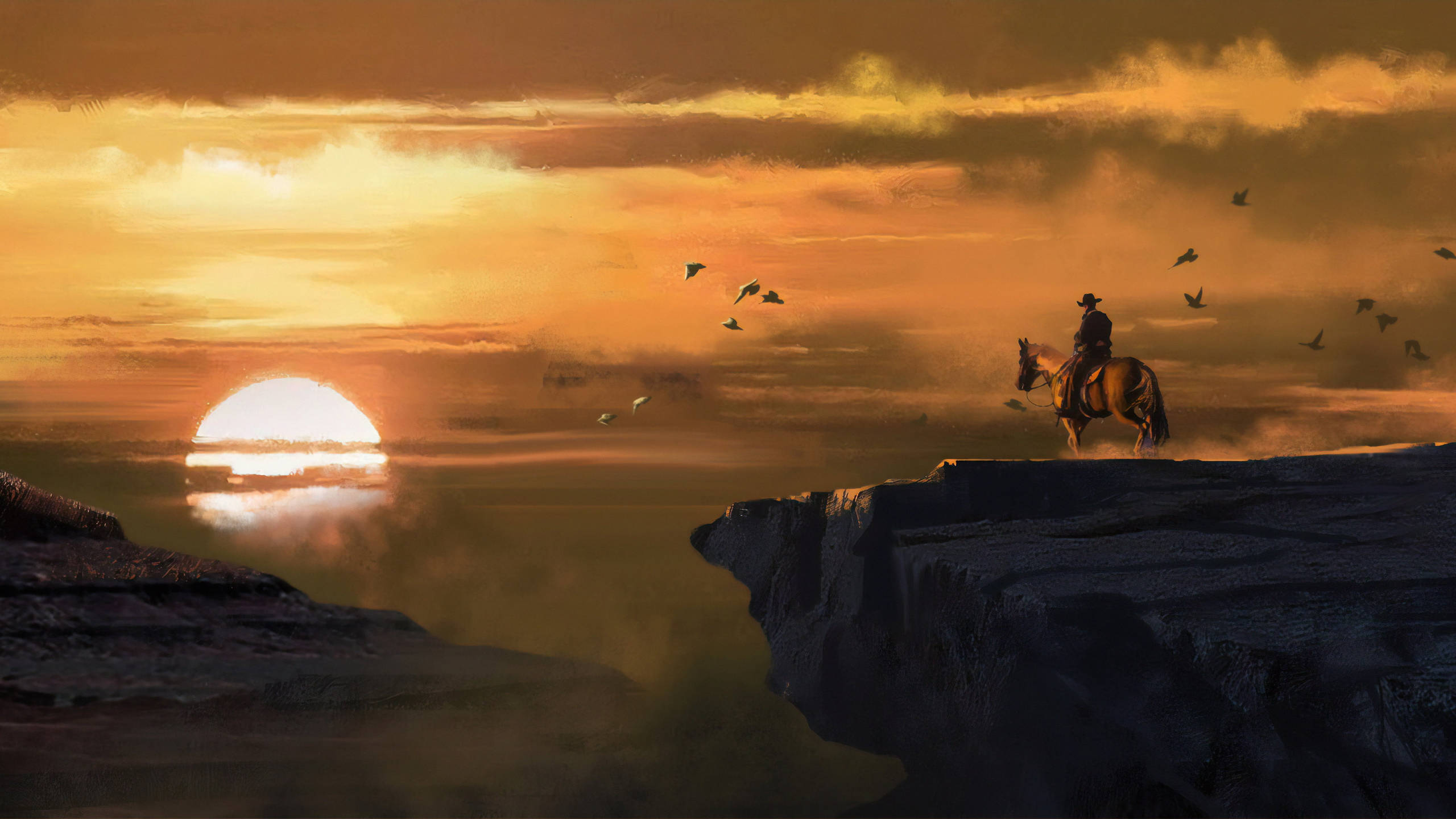 cowboy, horseback, cliff, 2K Desktop Wallpaper