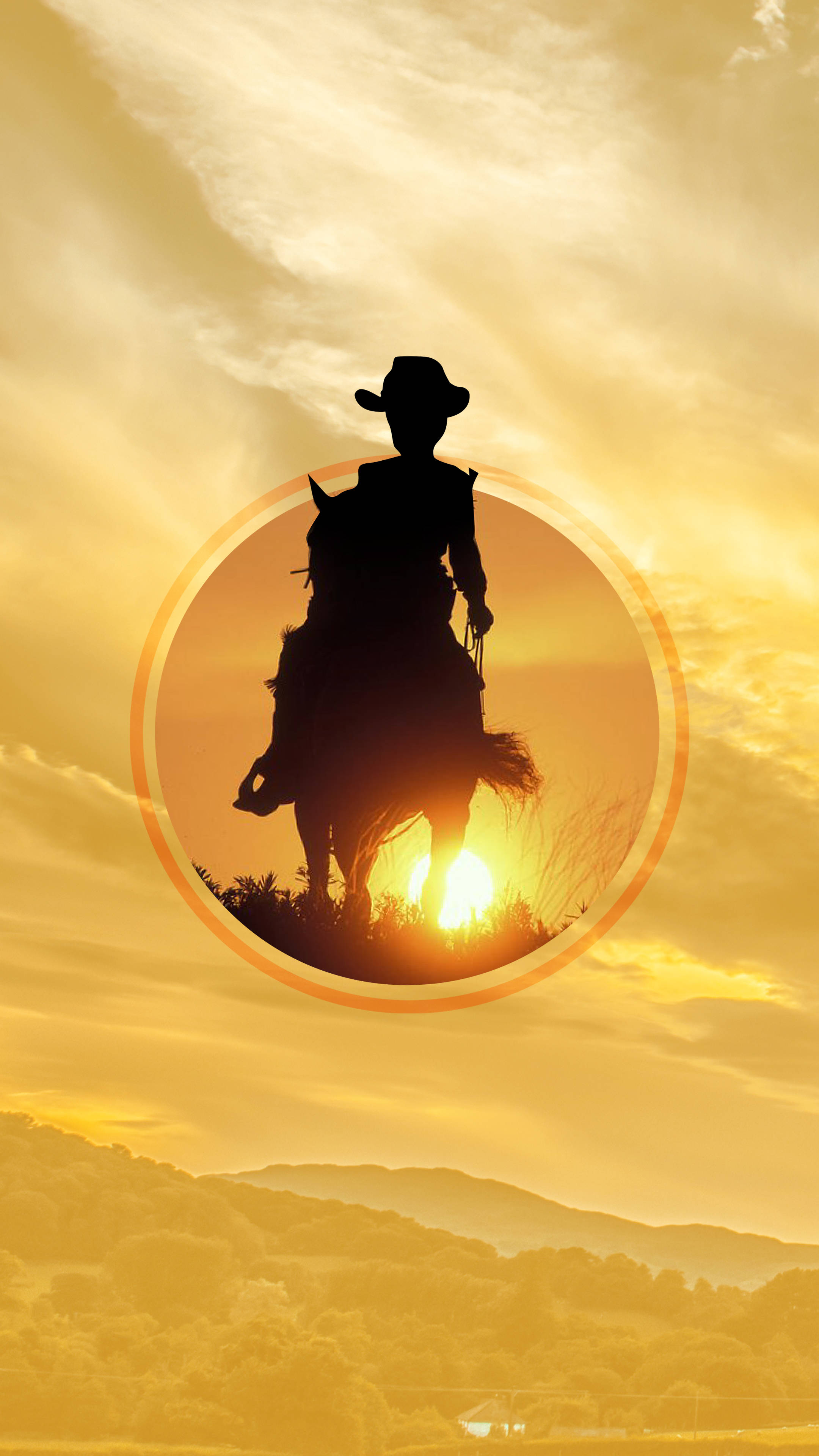 cowboy, horseback, golden sunset sky, 4K Phone Wallpaper
