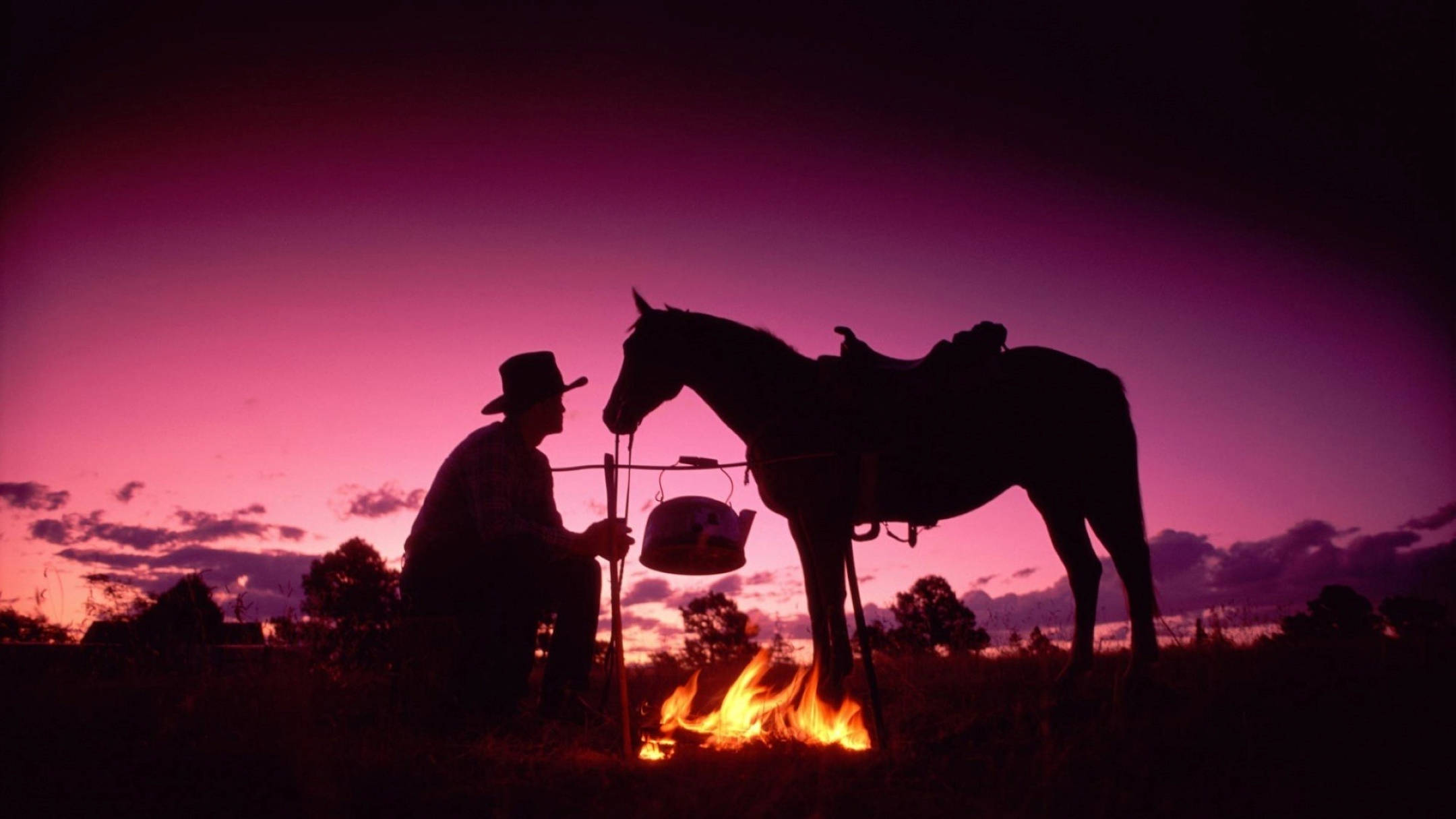 cowboy, vibrant purple sunset, campfire, Full HD Desktop Wallpaper