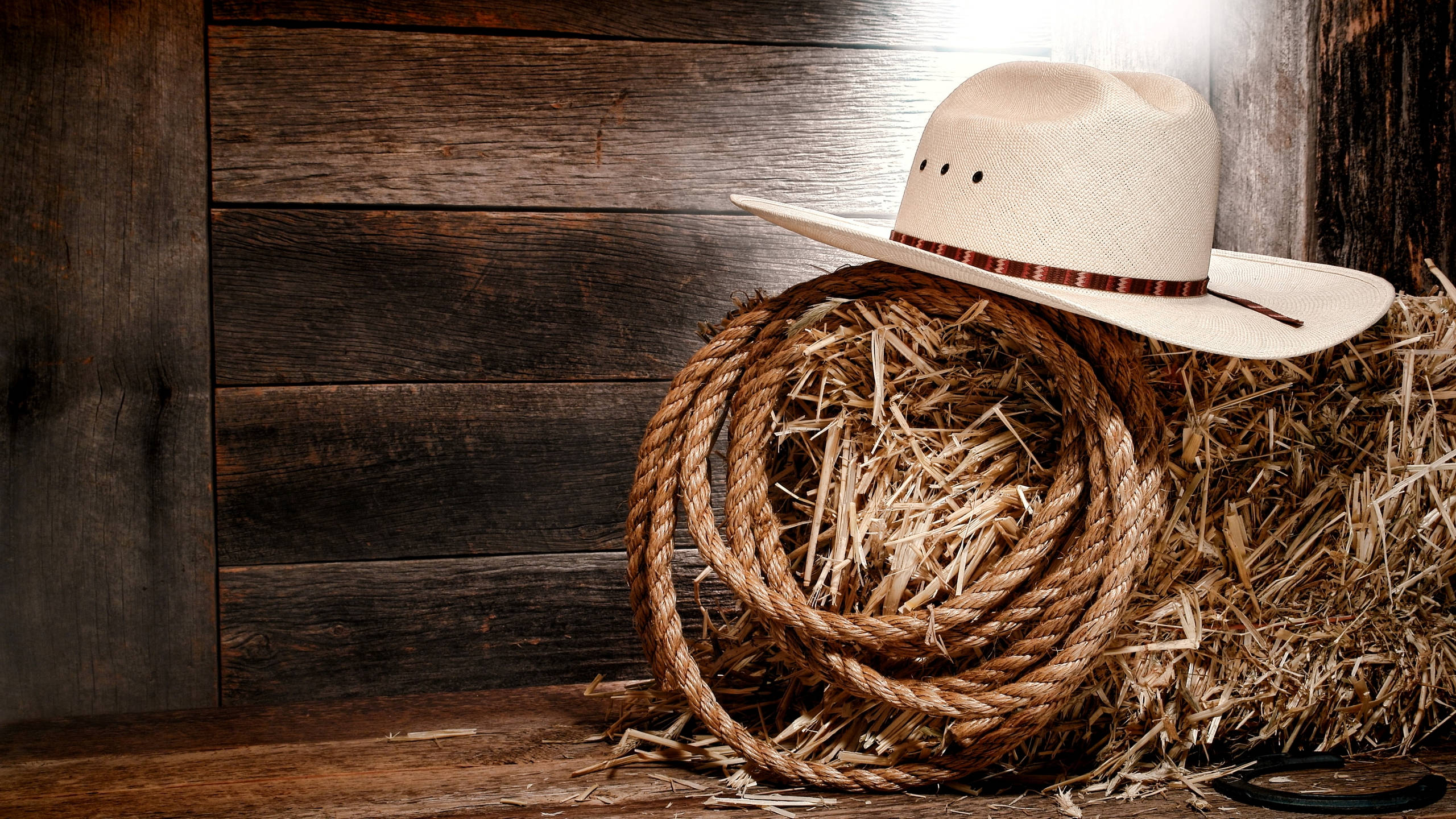 cowboy hat, lasso, hay bale, 2K Desktop Wallpaper