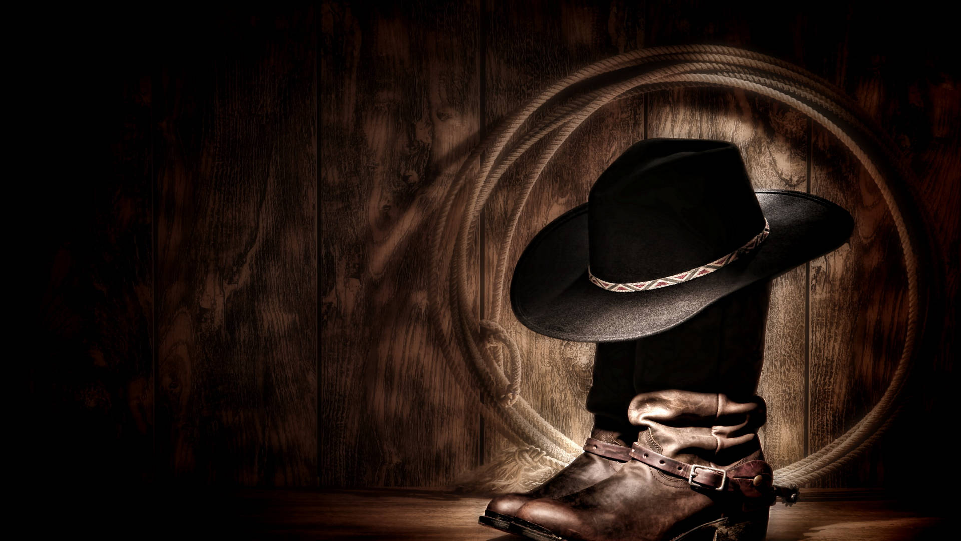 cowboy hat, leather boot, wooden wall, Full HD Desktop Wallpaper