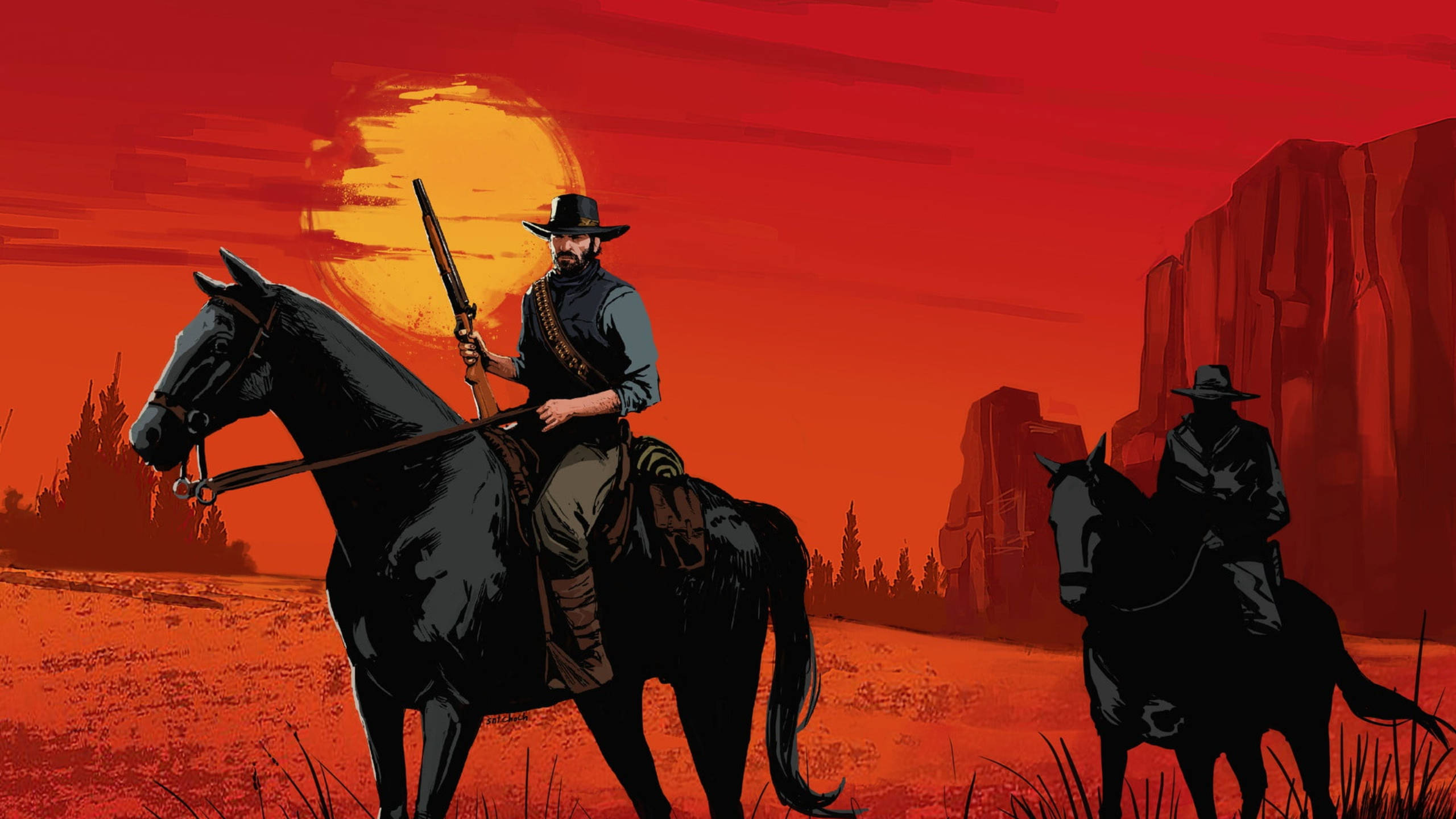 black cowboys, horses, crimson desert, 2K Desktop Wallpaper