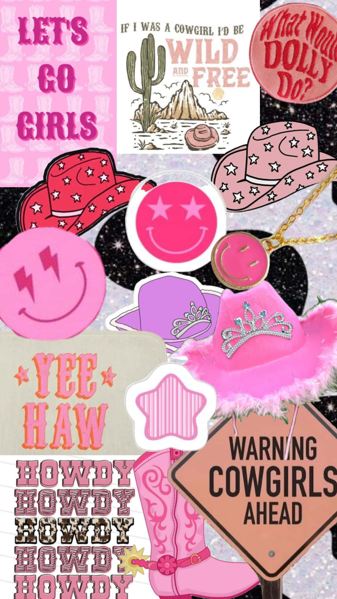 pink cowgirl aesthetic, glittery black background, hats, Full HD Phone Wallpaper