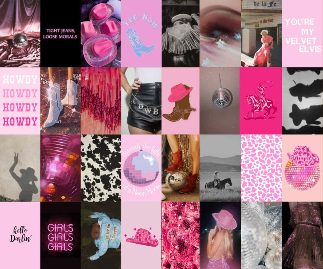 Pink Cowgirl Collage Aesthetic, cowboy boots, disco balls, SD Desktop Wallpaper