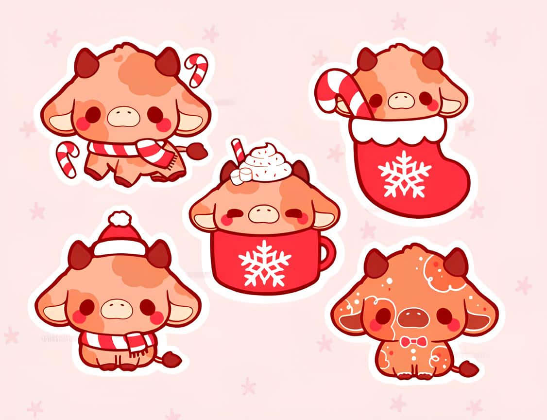 Christmas Cow Cartoon Collection, pink starry background, scarves, SD Desktop Wallpaper