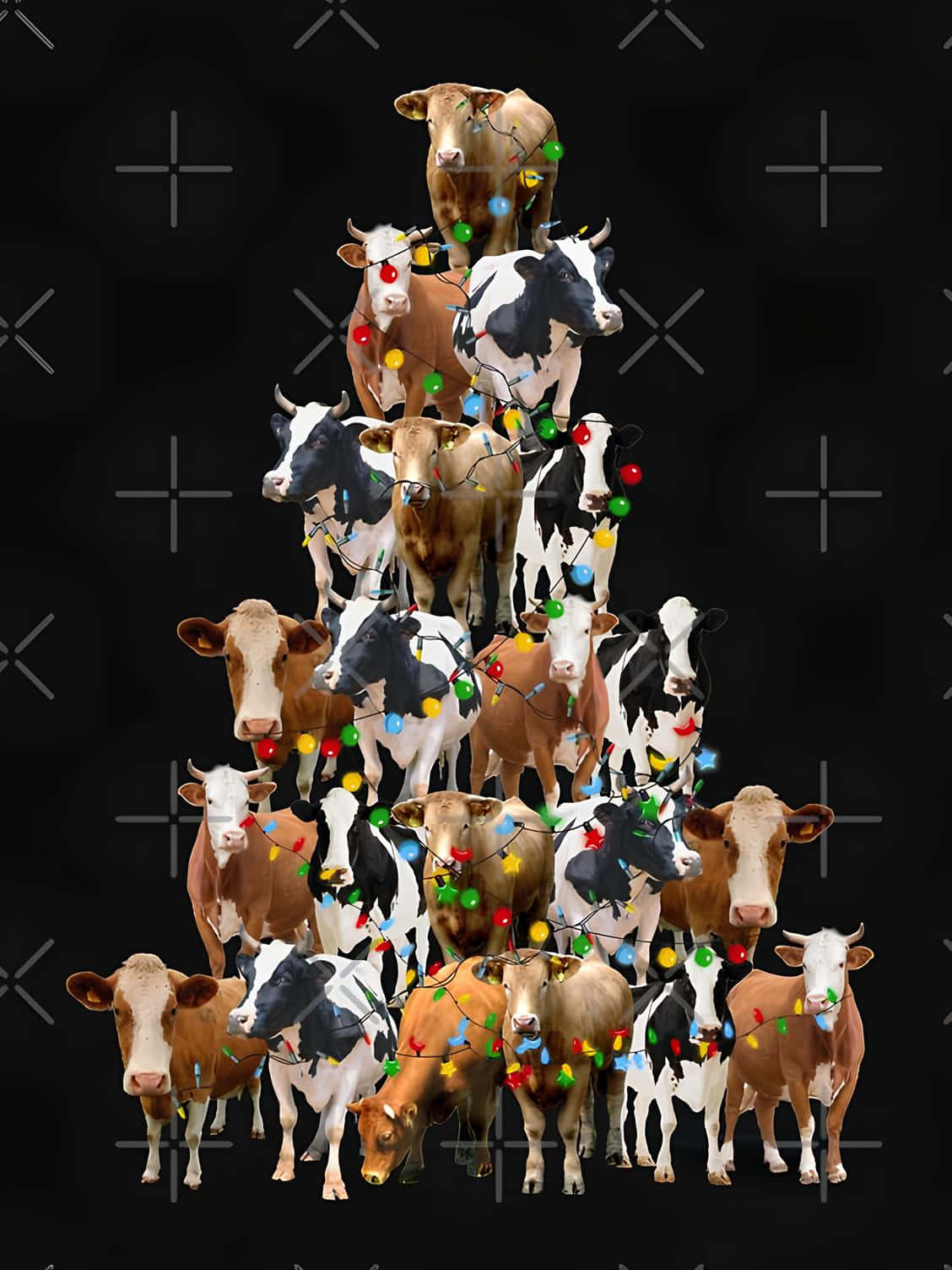 Festive Cow Christmas Tree Formation, pyramid of cows, colorful string lights, HD Phone Wallpaper