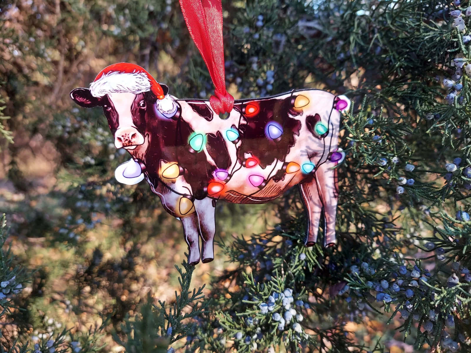 Festive Christmas Cow Ornament, colorful lights, red hat, HD Desktop Wallpaper