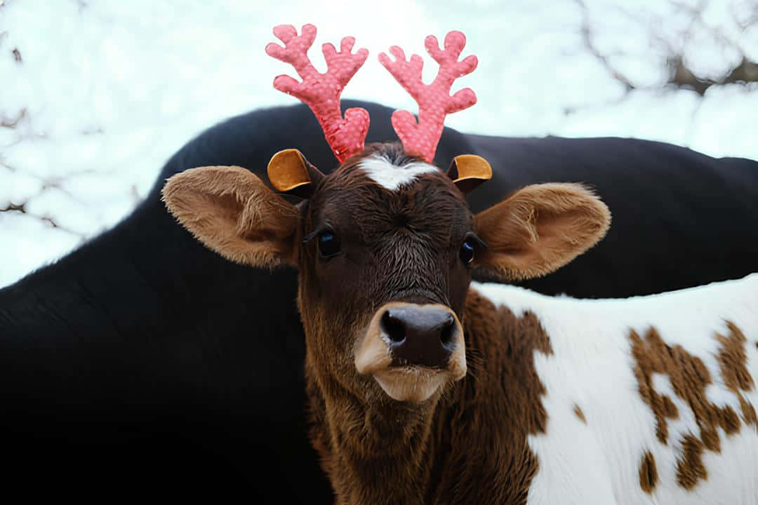 Festive Christmas Cowwith Reindeer Antlers, brown and white calf, pink reindeer antlers, SD Desktop Wallpaper