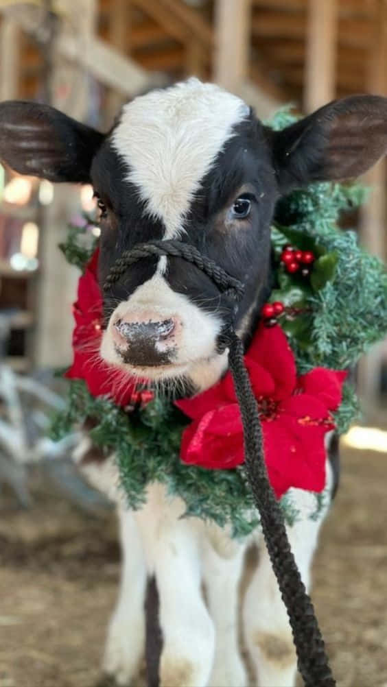 Festive Christmas Cowwith Wreath.JPG, black and white calf, red poinsettia, SD Phone Wallpaper