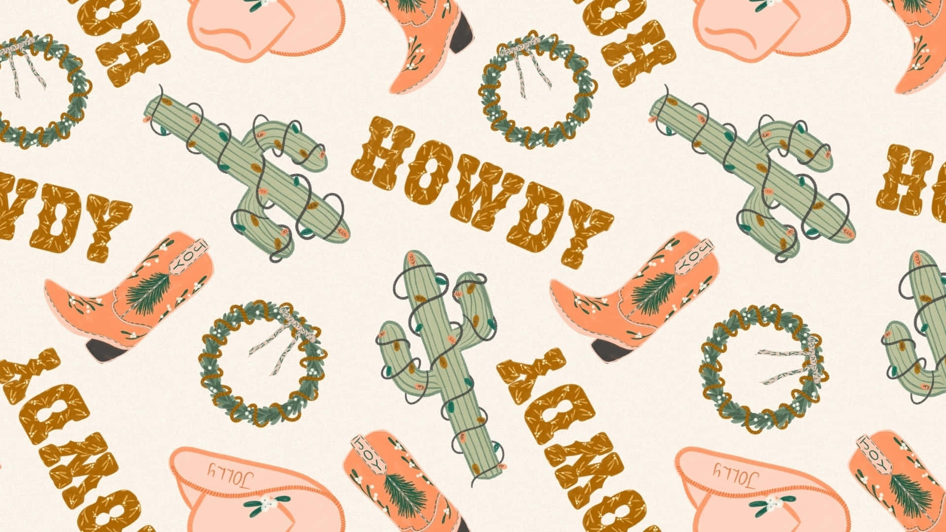 Cowgirl Christmas, pink cowboy boots, cacti wreaths, Full HD Desktop Wallpaper