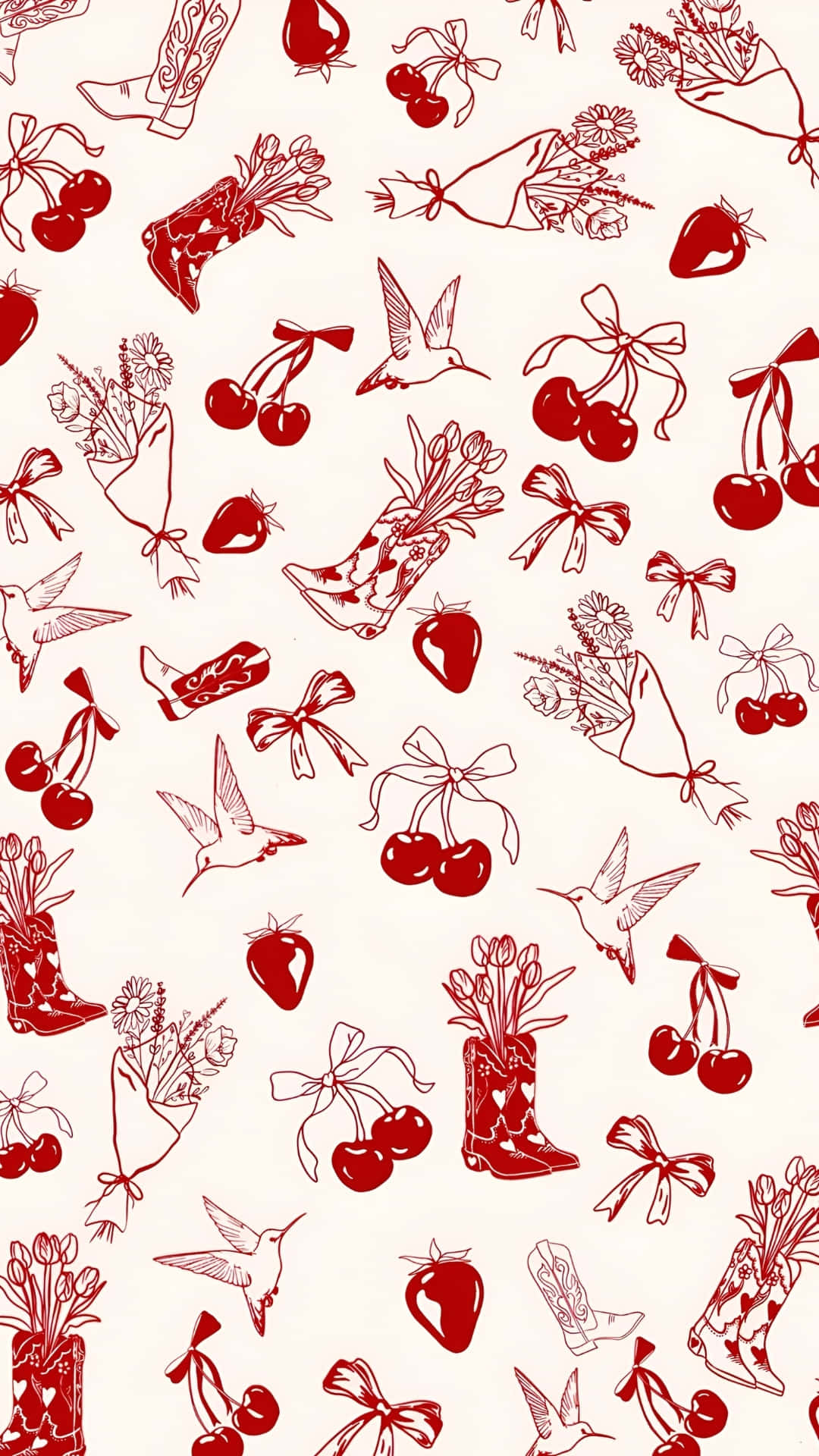 Cowgirl Christmas, red line drawings, cherries, Full HD Phone Wallpaper