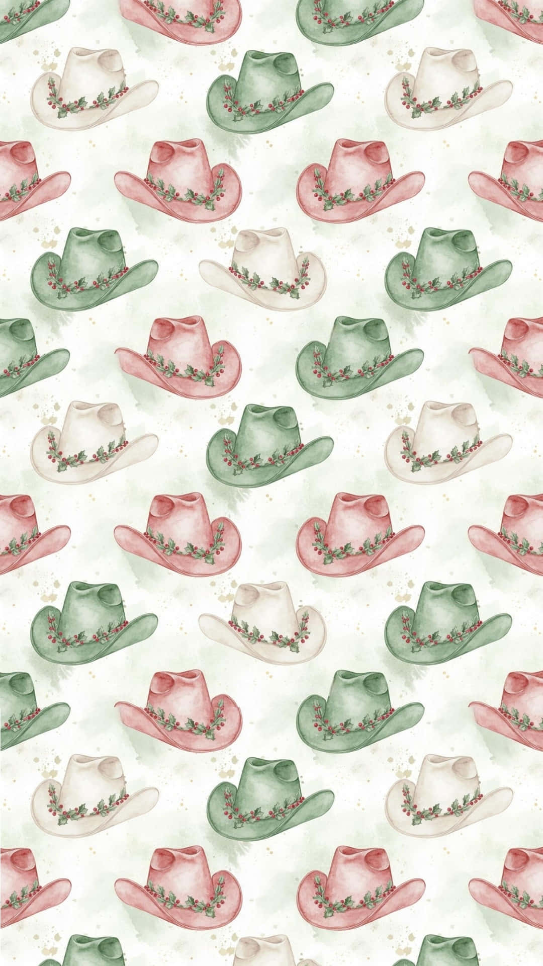 cowgirl christmas hat pattern, watercolor cowboy hats, pink green and cream, Full HD Phone Wallpaper