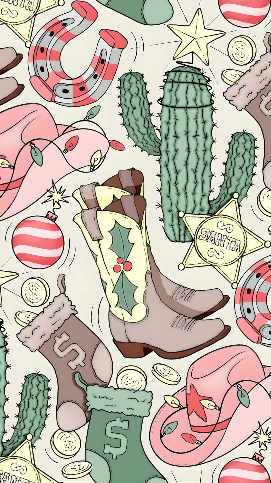 Cowgirl Christmas, holiday pattern, cowboy boots, Full HD Phone Wallpaper