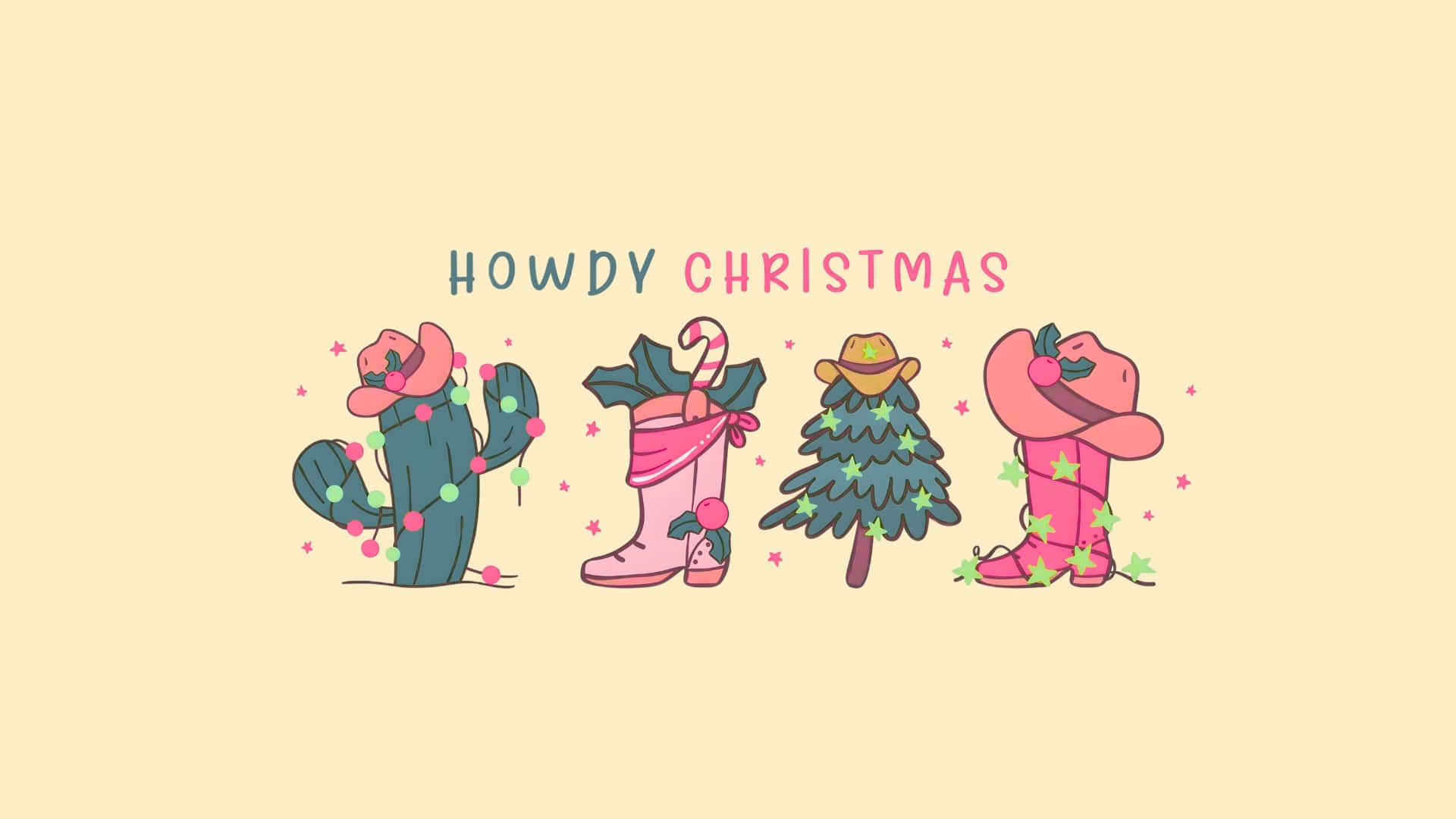 Cowgirl Christmas, holiday icons, cartoon cactus cowboy boot tree, Full HD Desktop Wallpaper